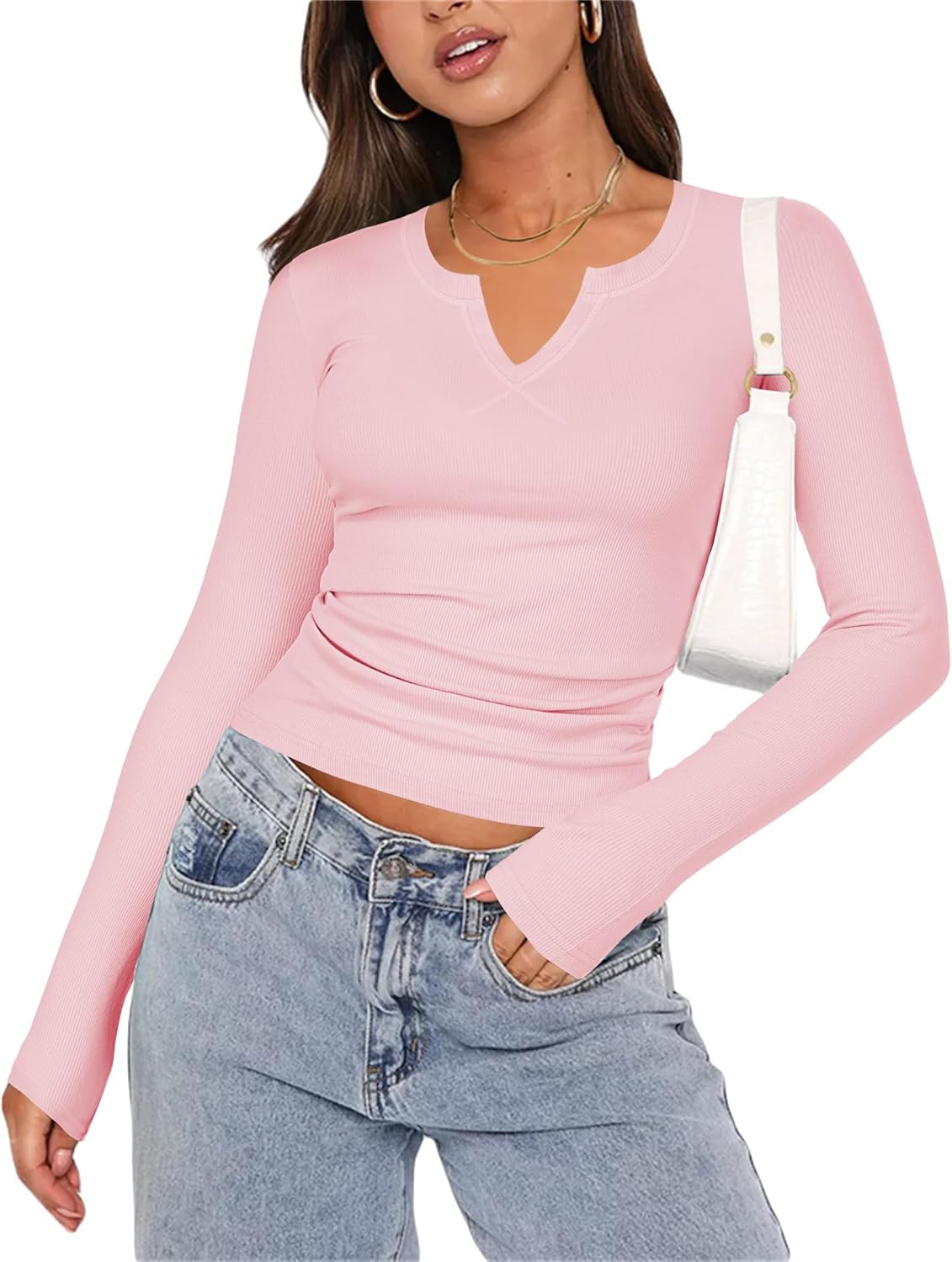 Zeagoo Womens Long Sleeve Shirts V-Neck Rib Knit Slim Fit Tops Casual Stretch Basic Tee Going Out Top Fall Fashion 2025 - Image 2