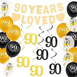 남성 여성용 90번째 생일 장식 세트 - 90년 동안 사랑받는 배너, 6개의 걸이용 소용돌이와 15개의 풍선, 행복한 90번째 생일 파티 장식 선물 아이디어 장식 다양한 행사