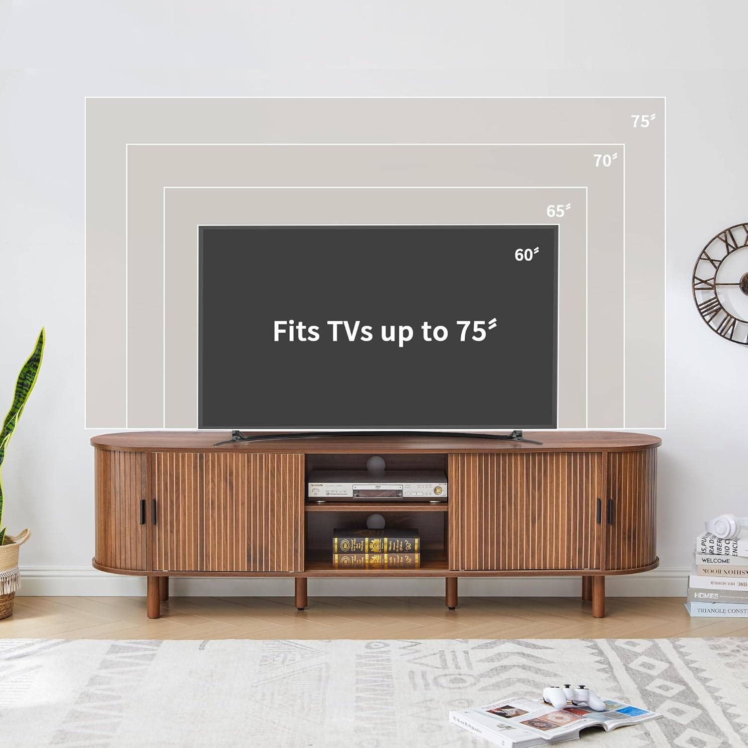Janmer Home 70-Inch Mid Century Modern TV Stand, Curved Entertainment Center with Fluted Sliding Doors, Storage Cabinet for TVs up to 75 Inch, Media Console for Living Room, Bedroom,Walnut