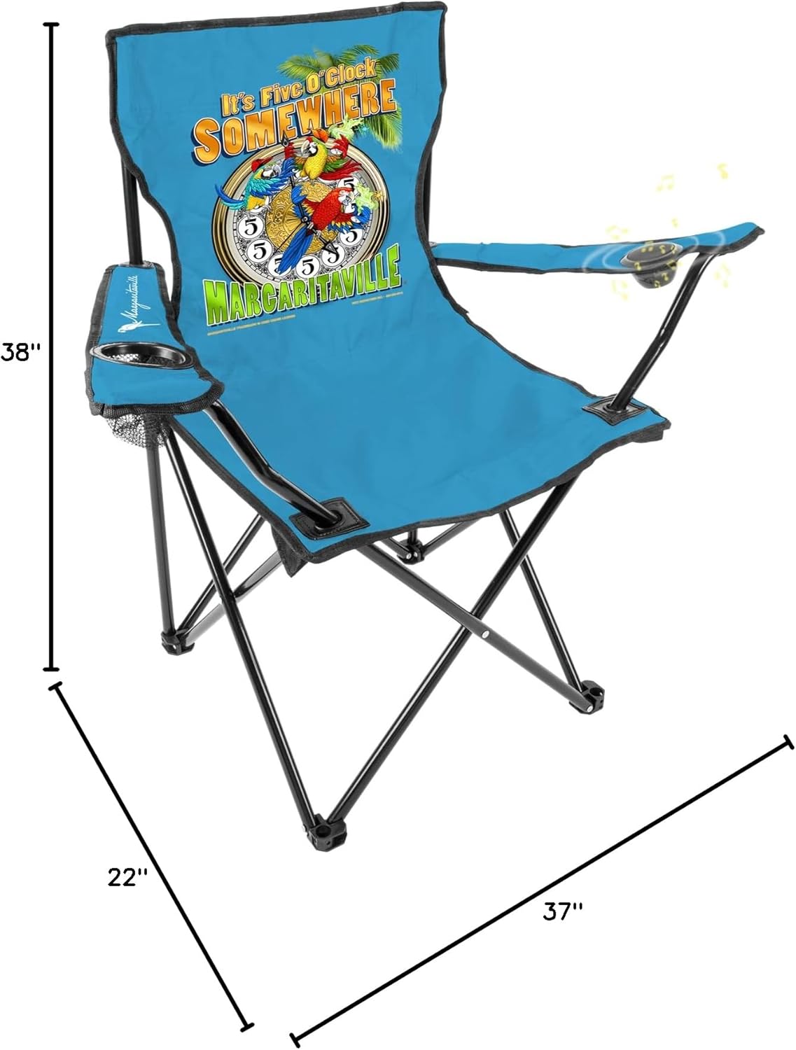 Margaritaville Folding Chair with Wireless Speakers, Beach Chair with Waterproof Wireless Speakers, 5 Hour Playback Time, 20 Foot Bluetooth Range, Cup Holder, Backpack, Padded Head and Neck Rest