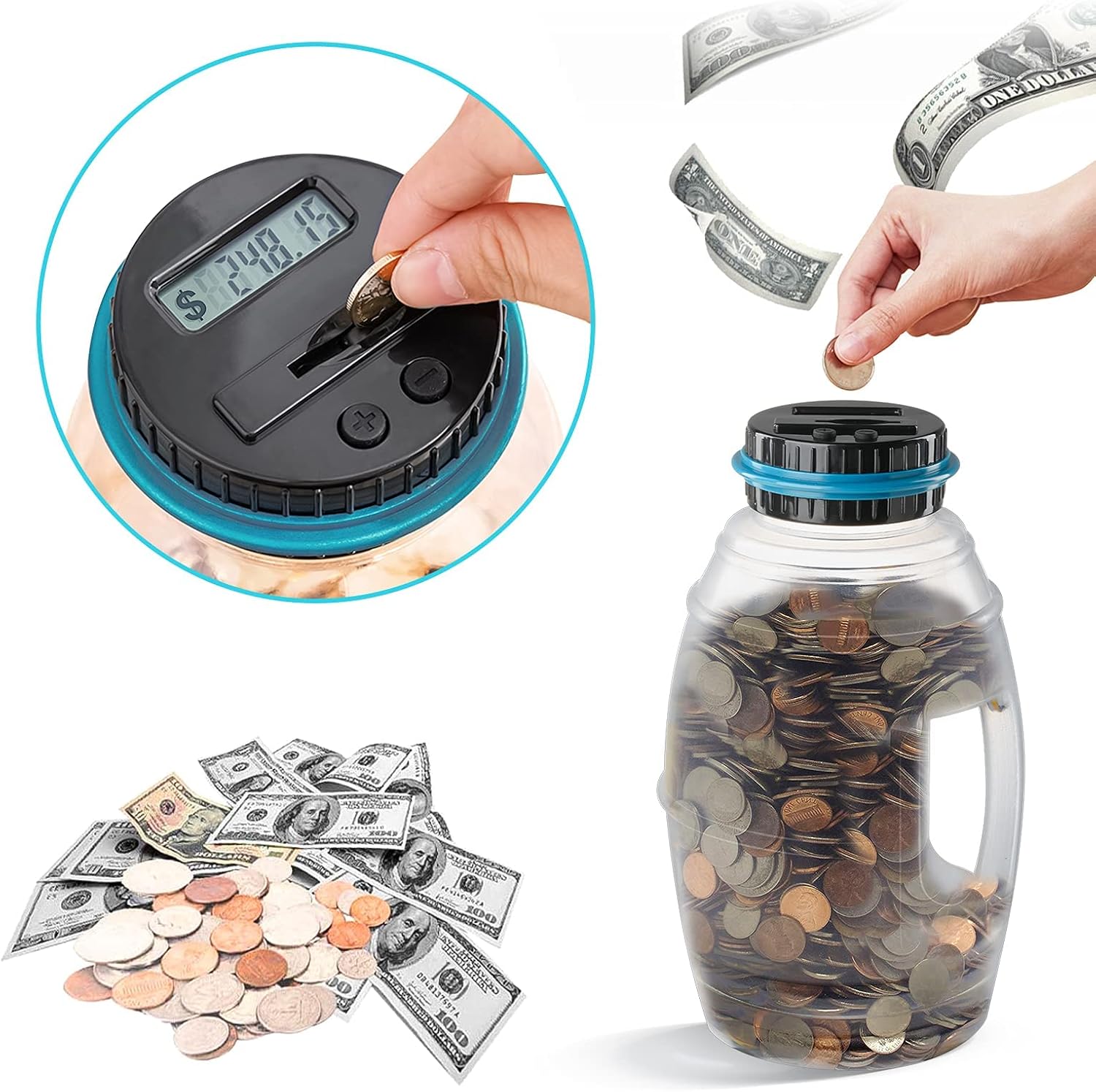 2pcs Large Piggy Bank for Boys Adults, Vcertcpl Digital Coin Counting Bank with LCD Counter, Large Capacity Coin Bank Money Jar for Adults, Designed for All US Coins