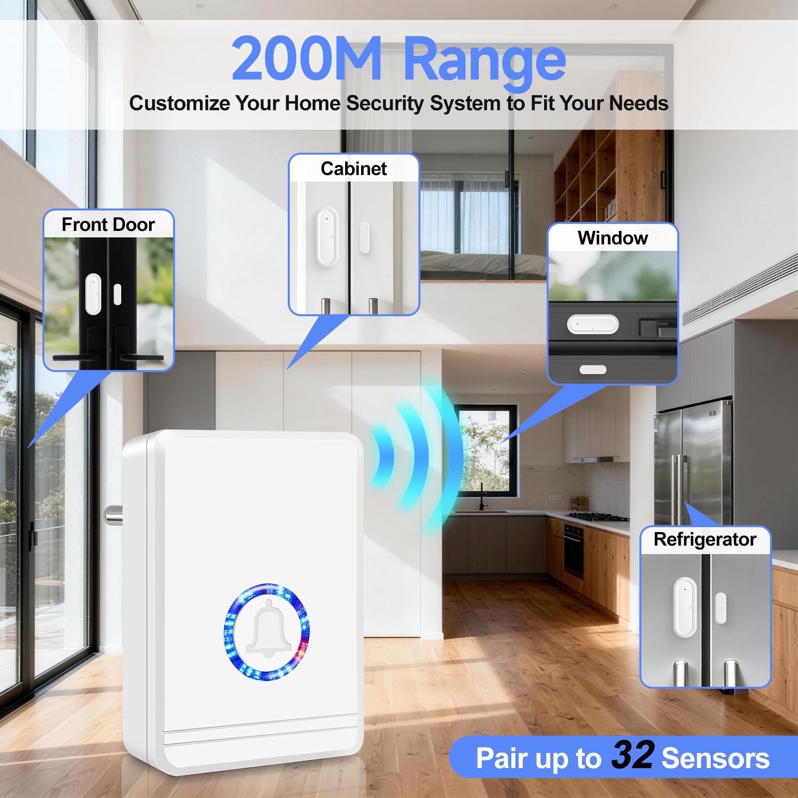 NineLeaf - Detector de apertura de puerta, alarma de puerta y ventana, Ring Chime con receptores de enchufe eléctrico, alcance de funcionamiento 600 pies para el hogar corporativo tienda, 3