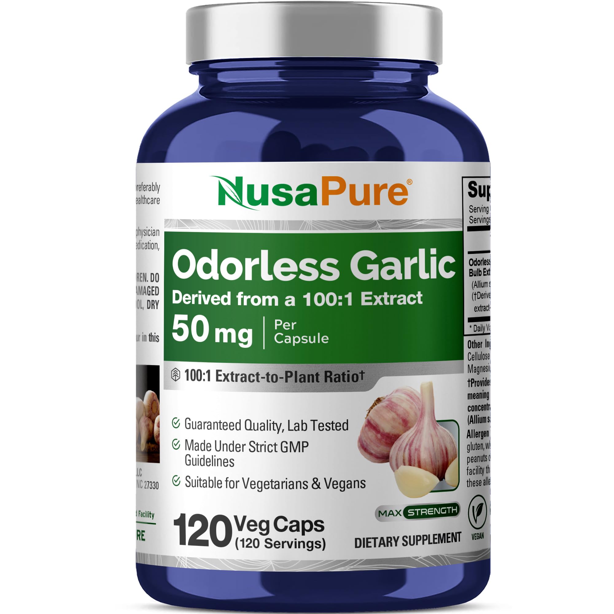 Odorless Garlic, Non-GMO, Vegan, 50mg, 120 Veg Capsules - 120 Servings