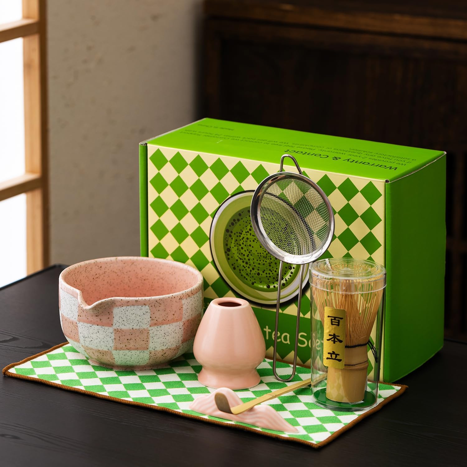 Juego de té Matcha prémium de 7 piezas, estilo tradicional japonés con elegante patrón de rejilla, incluye batidor de bambú, cuenco de cerámica,