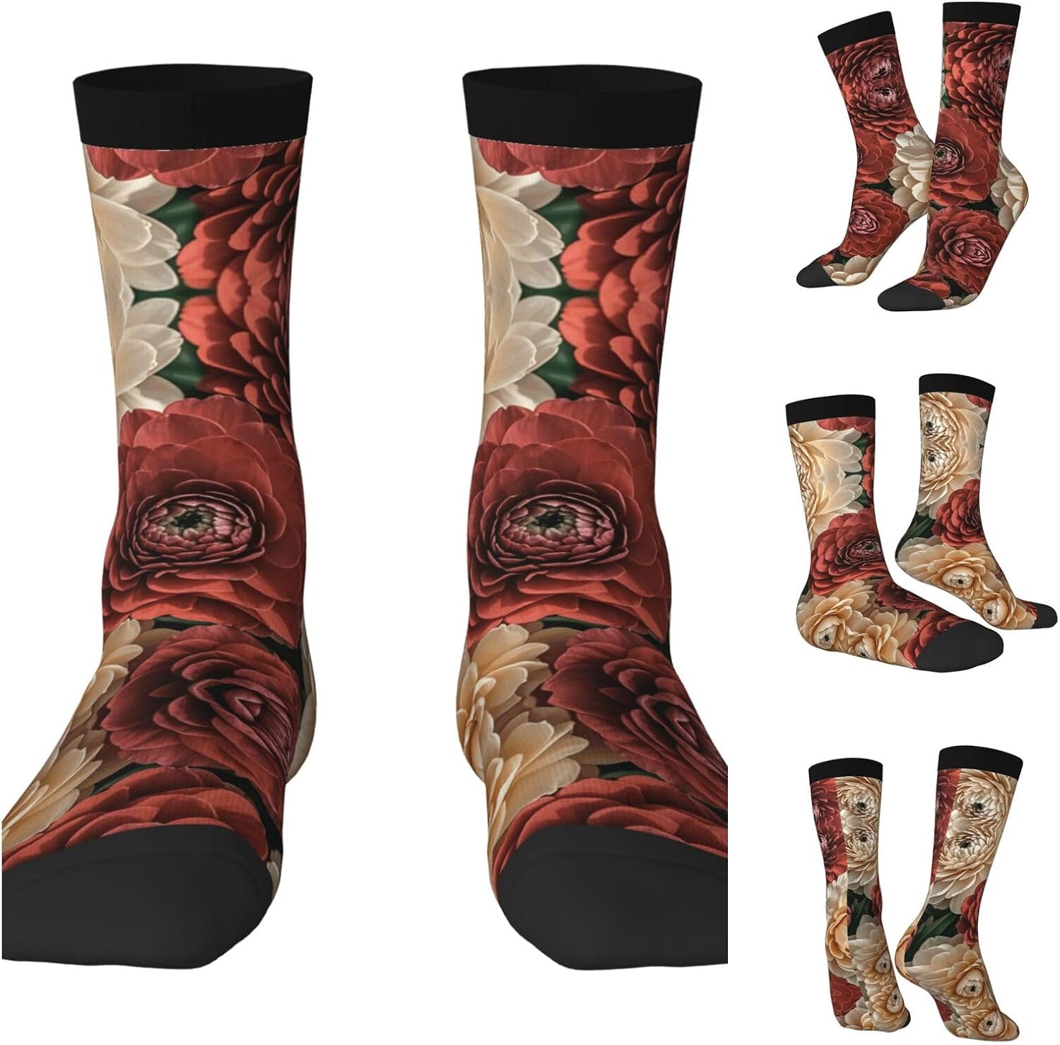 Calf Socks Casual Above Ankle Sock Red and pale flowersCrew Socks for Men Women Moisture Wicking Cushion Sports