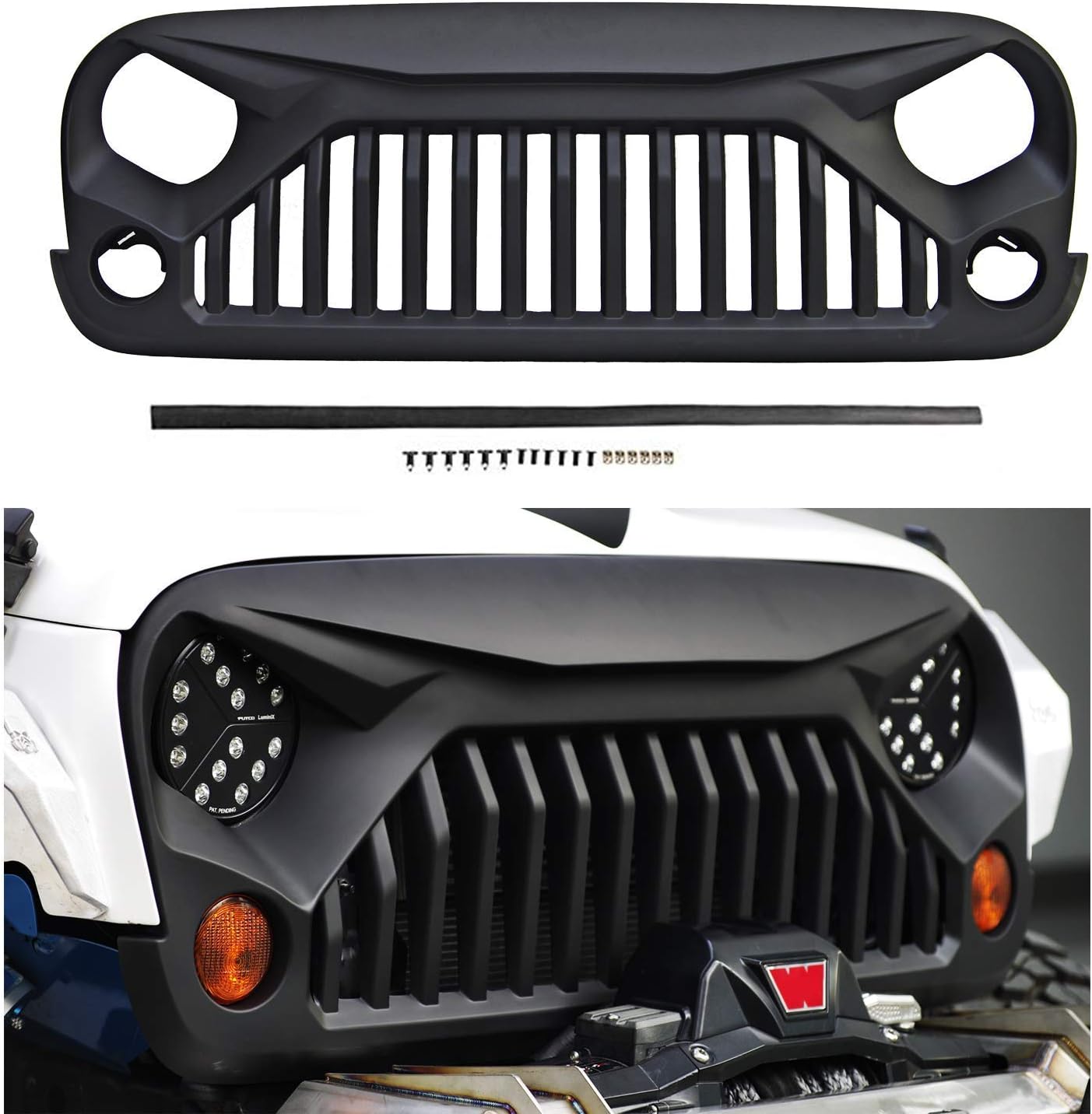 Front Matte Grill Compatible with Jeep Wrangler JK JKU 2007-2018 Including Rubicon Sahara and Sport 2/4Door