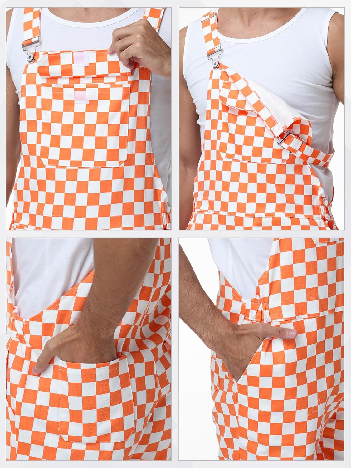 Checkered Bib Overalls for Men - Shorts Jumpsuit Work Coveralls with Adjustable Straps - Image 5