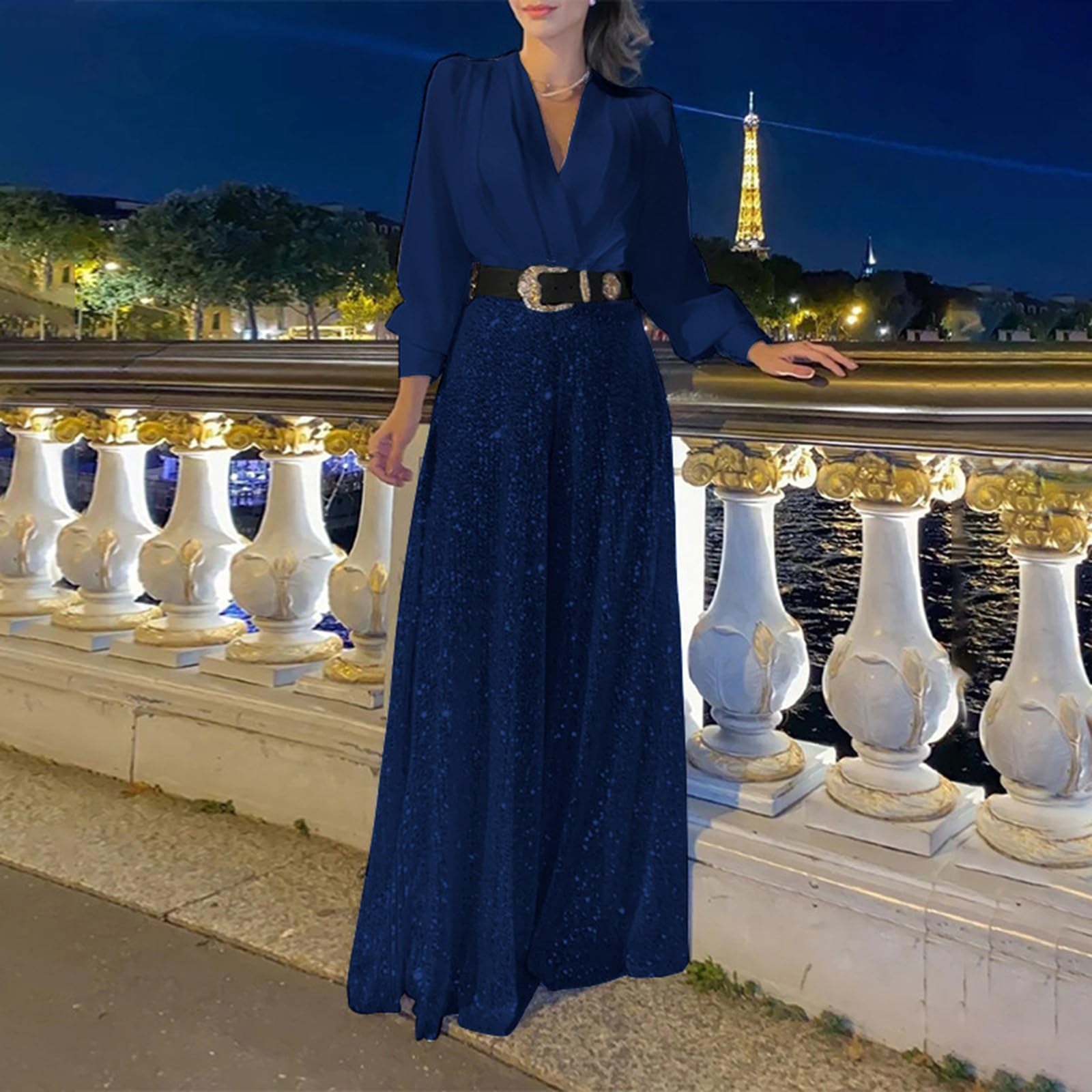 Vestido brillante para mujer, largo en V, vestido de cóctel, manga larga, vestido de fiesta, vestido de lentejuelas, con cinturón, corte ajustado, vestido de fiesta, elegante, vestido festivo, mono