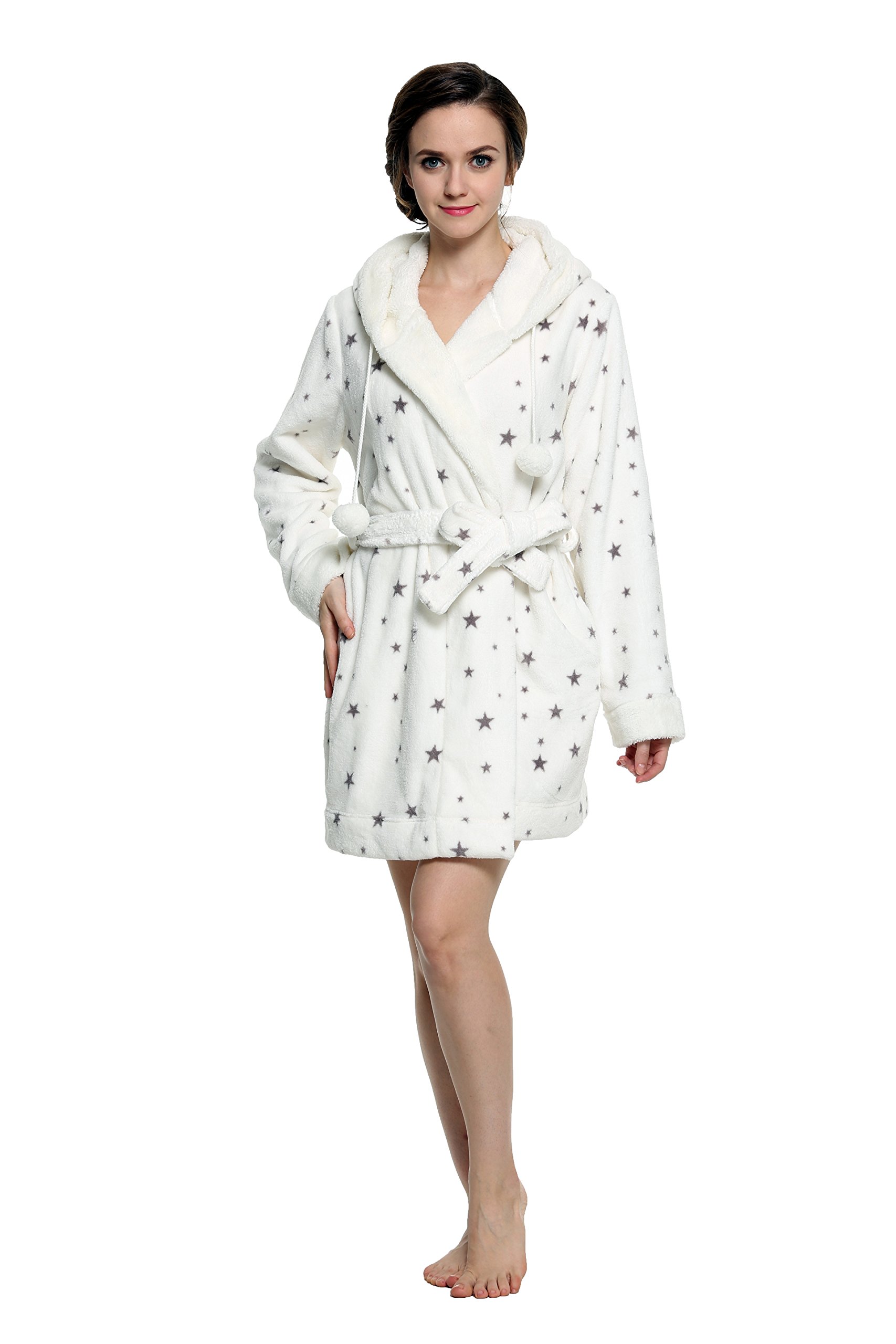 Lavenderi Women's Fleece Bathrobe, Short Plush Hooded Robe