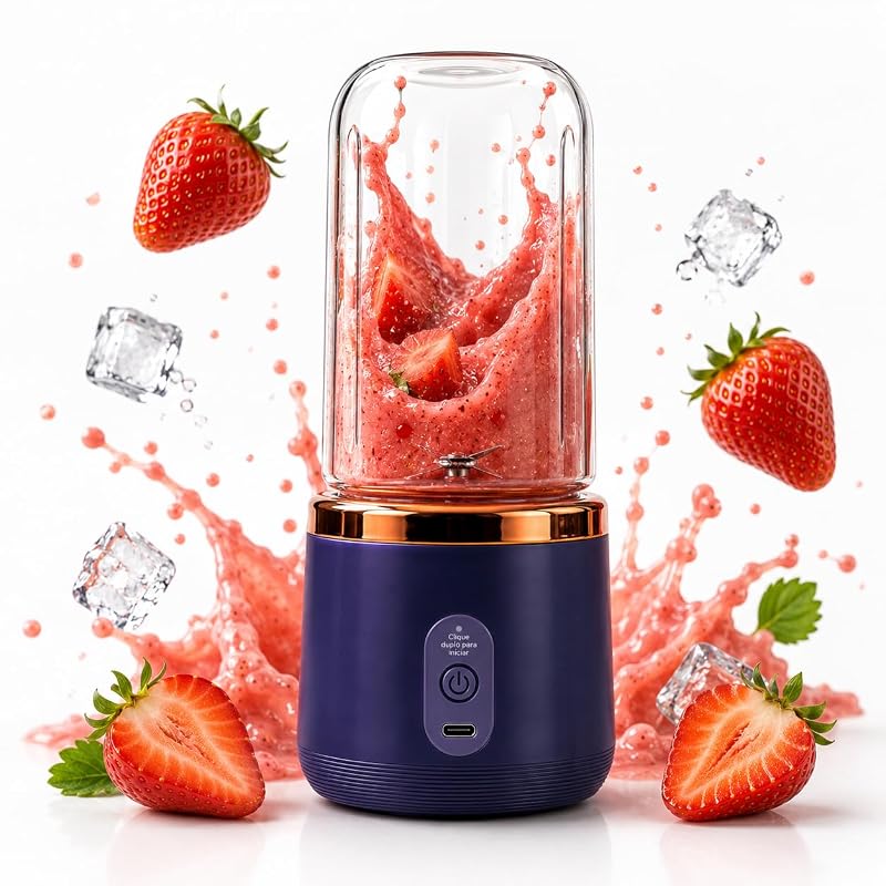 Liquidificador Portátil | Bateria Recarregável | Anti Vazamentos | 400ml | 6 Lâminas | 400ml | Copo Integrado | Mixer (Azul Escuro)
