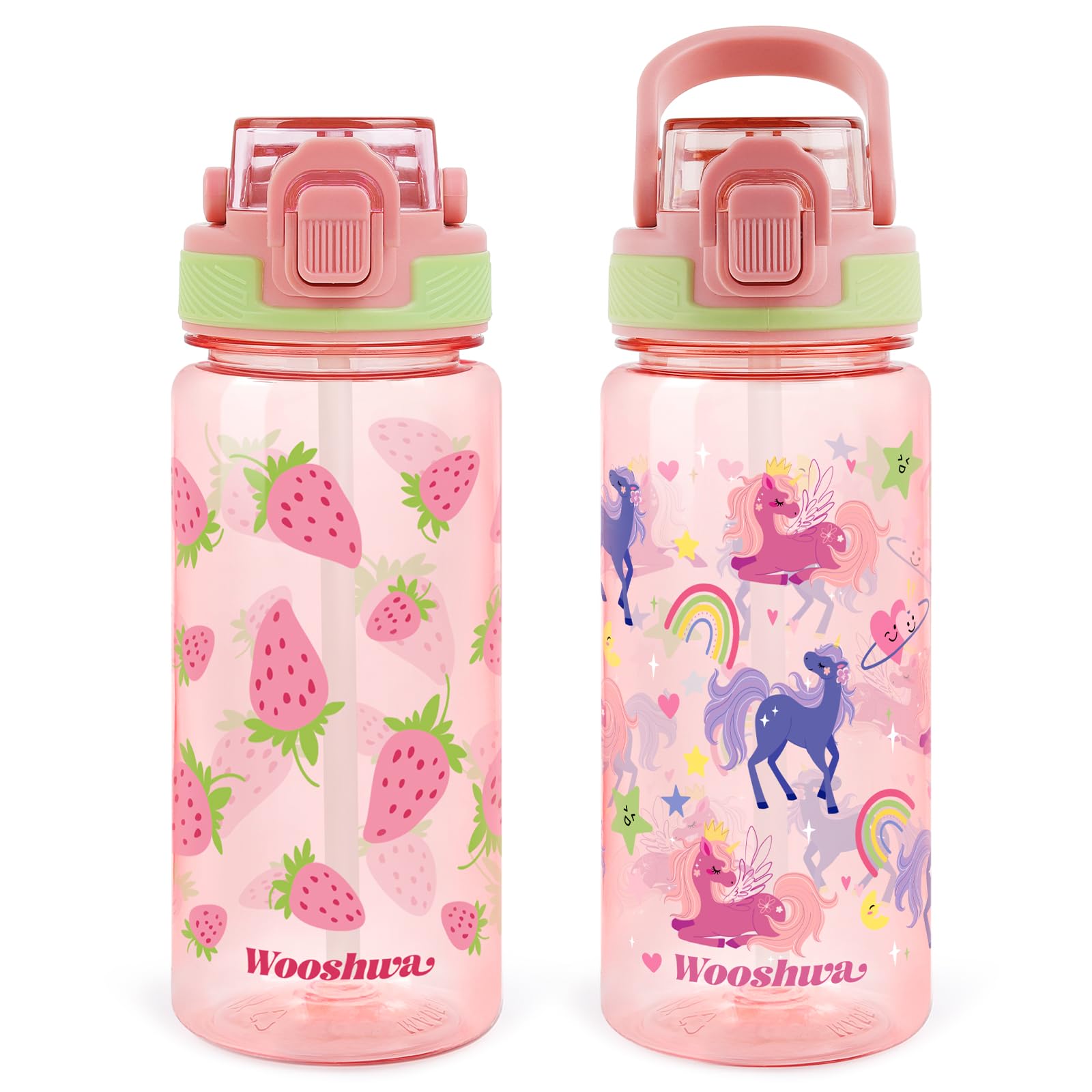 omedecal 2Pcs Kids Water Bottles, 600ml BPA Free Water Bottle with Straw and Handle, Childrens Sports Drinks Bottle, Personalised Cup for Boys Girls, School (Strawberry+Unicorn)