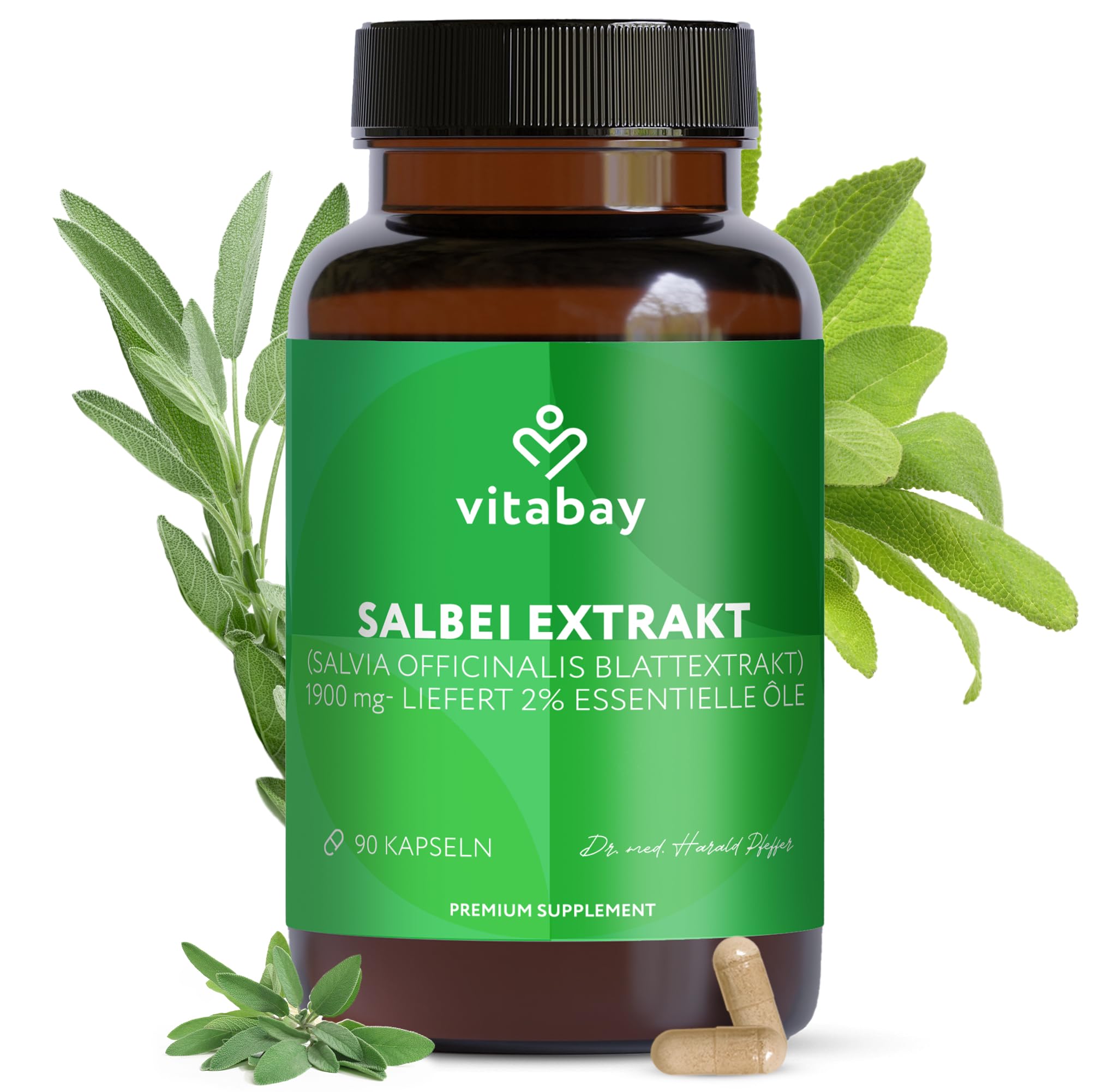 Vitabay Salbei Extrakt 1900 mg - 90 VEGANE Salbei Kapseln hochdosiert - Tabletten aus Blattextrakt (Salvia officinalis, 2% essentielle Öle) - Kapseln als Extrakt 10:1