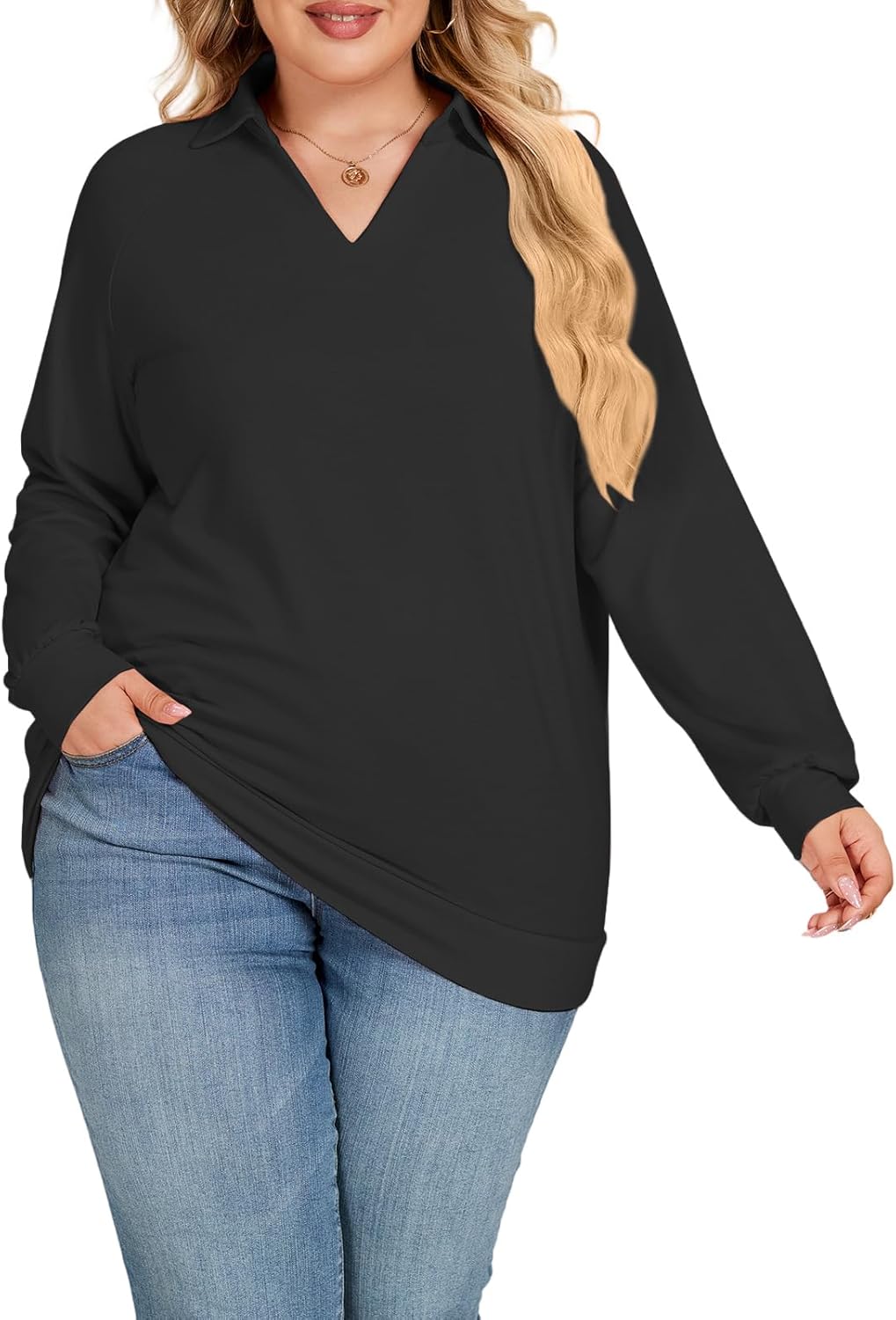 VISLILY Womens Plus-Size Sweatshirts Casual Collared V Neck Polo Tops Long Sleeve Pullover Tunics Loose Lightweight Blouses - Image 4