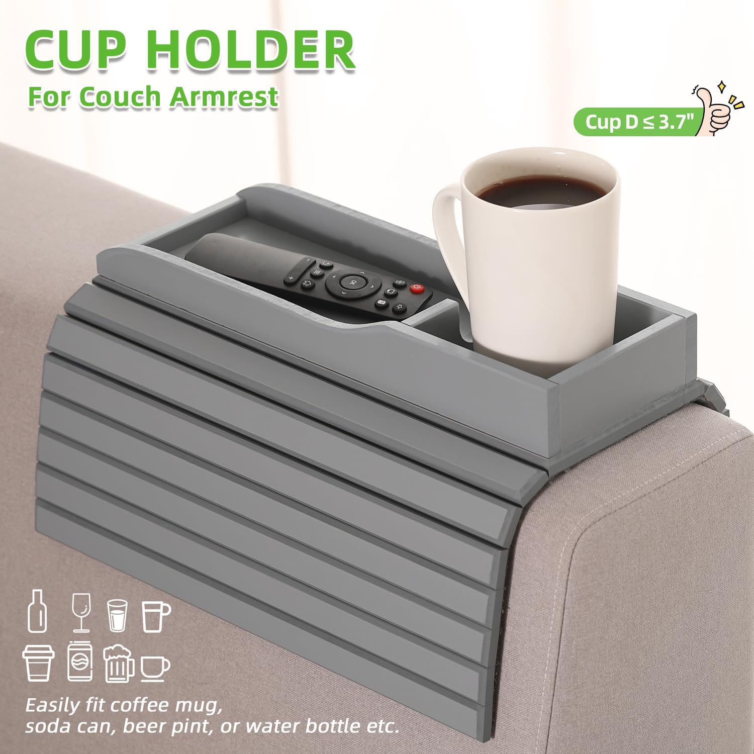 GEHE Couch Cup Holder, Anti Falling Couch Drink Holder, Natural Bamboo Sofa Cup Holder Armrest Tray, More Safe for You Family, Portable Couch Arm Tray Table for Remote/Snacks/Cellphone/Drinks/Cup