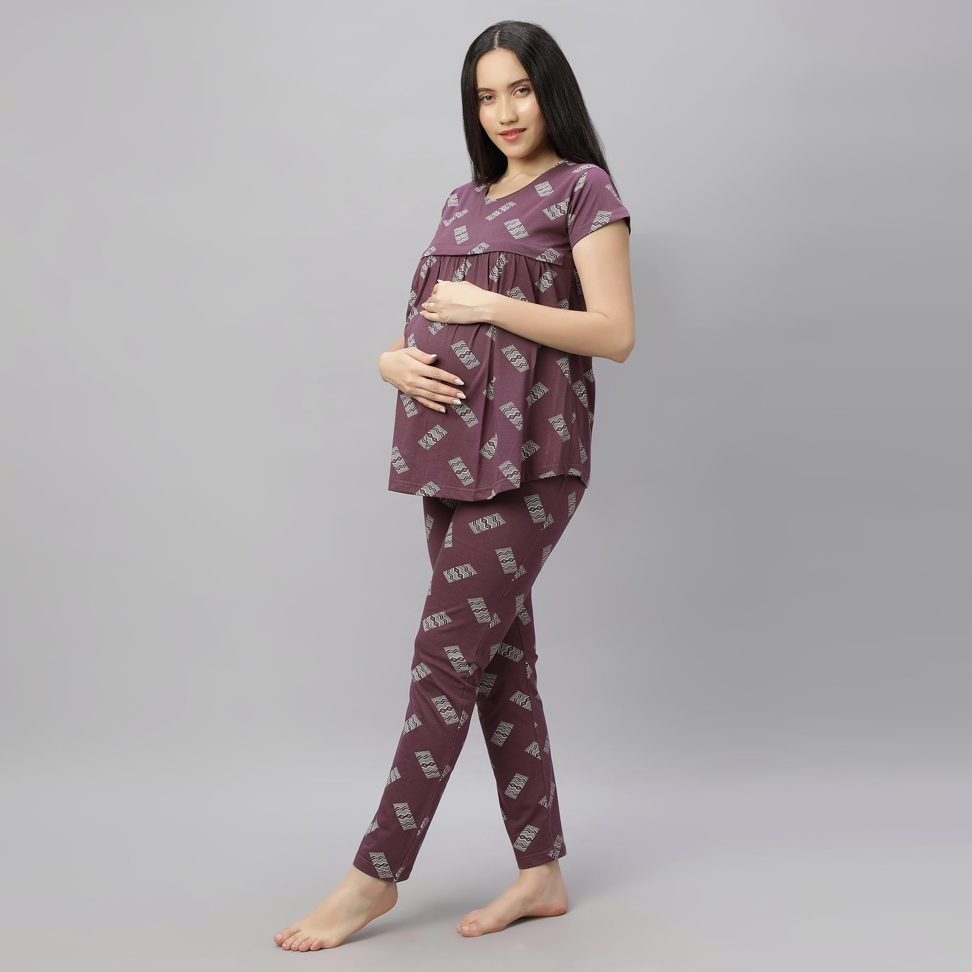 DZZO New Women's Cotton Printed Maternity Night Suit | Comfortable Feeding Night Dress | Soft & Breathable Nursing Pajama Set | Color - Brown, Size - XL - Image 2 thumbnail