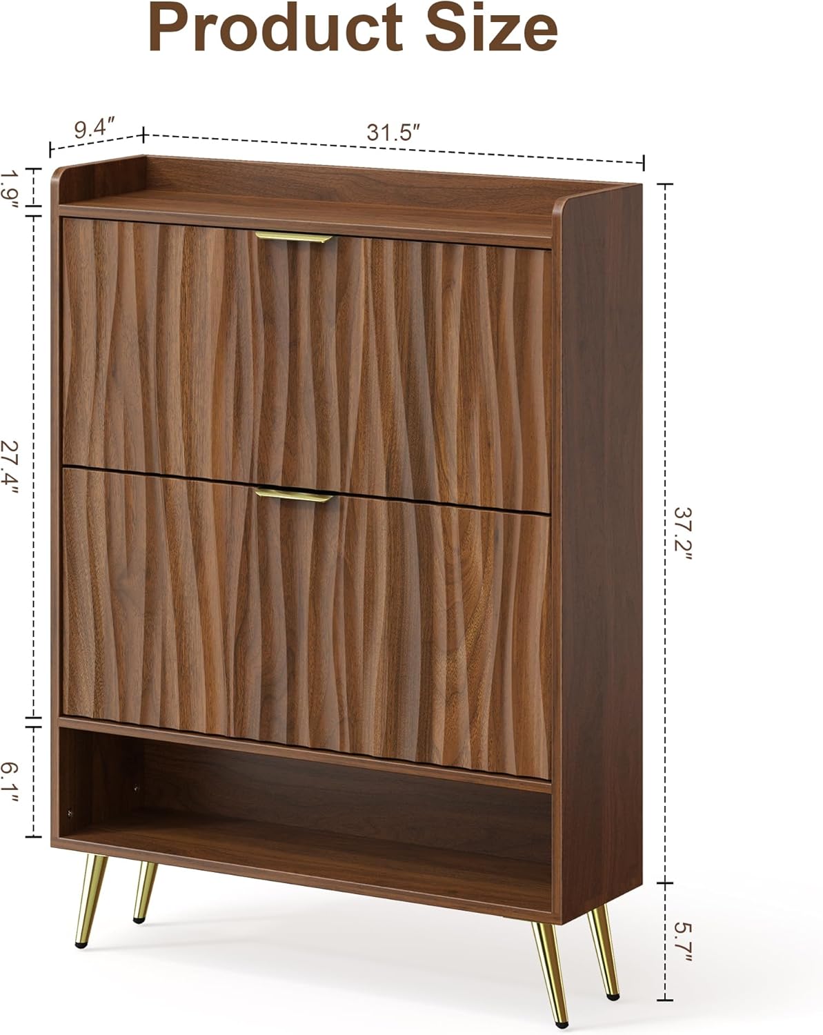 Walnut Fluted Shoe Storage Cabinet with 2 Flip Drawers, 31.5"(W) Freestanding Shoe Organizer with Water Ripple Doors, Narrow Shoe Rack Cabinet for Entryway