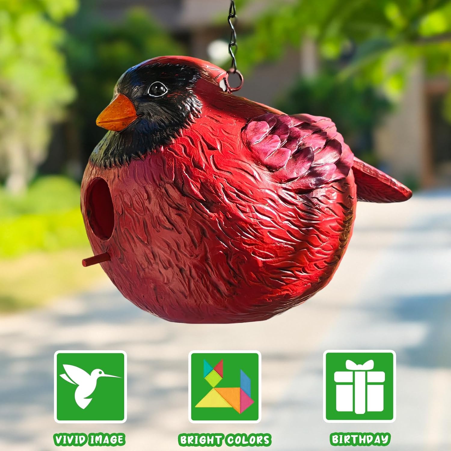 Cardinal Bird House with Entry Hole, Bright Red Resin Birdhouse for Outside, Hanging Outdoor Garden Decor for Yard, Patio, Lawn, Weatherproof Bird Nest (Red)