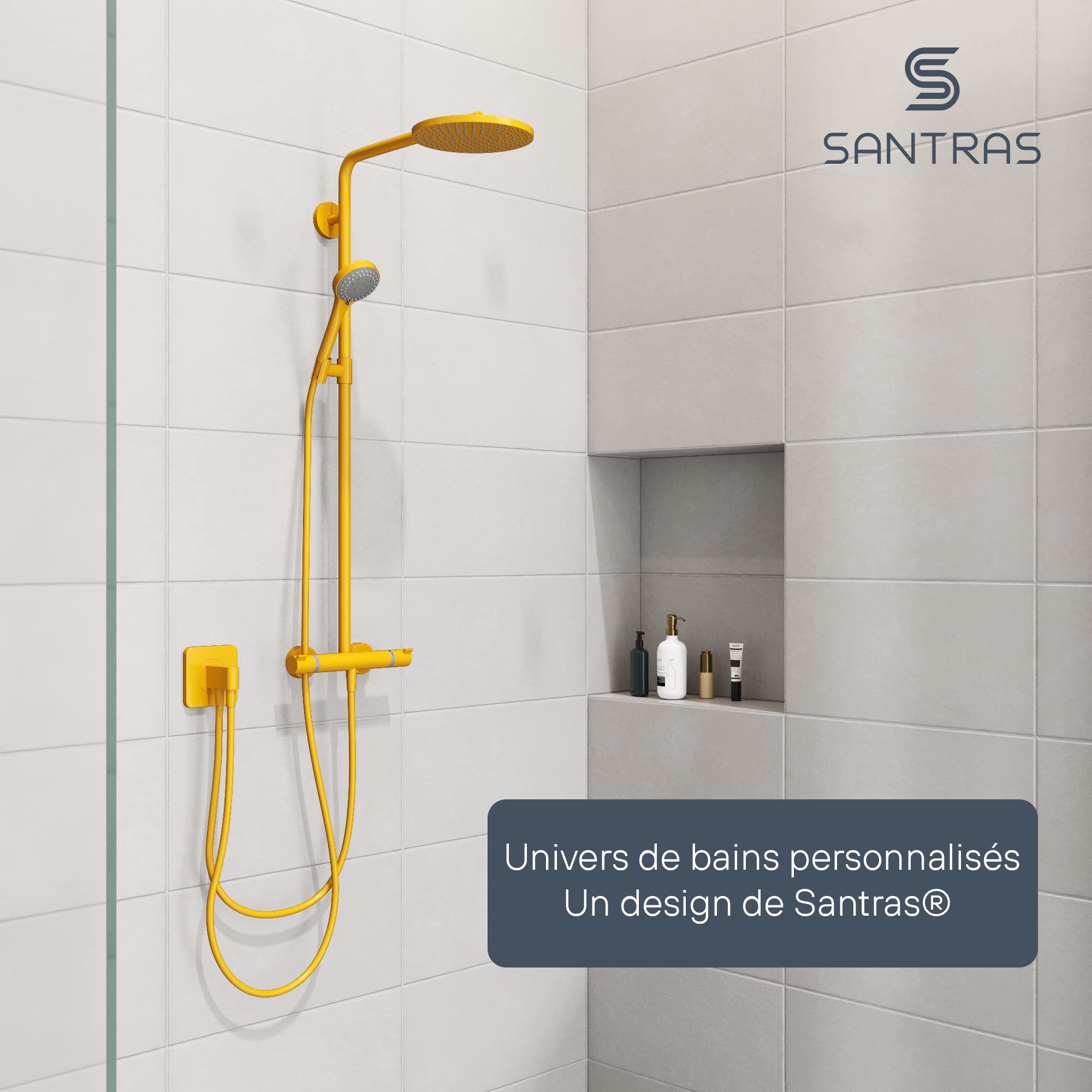SANTRAS® Flexible de Douche 1,50 m Jaune (RAL 1004) PVC – anti-torsion et anti-pliure | raccord universel 1/2" avec joints pour douche et baignoire