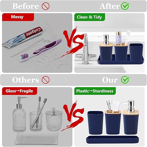 Miniatura 5 de XLHOMO Juego de accesorios de baño azul marino completo con basura, soporte para cepillo de dientes, vaso para cepillo de dientes, dispensador de