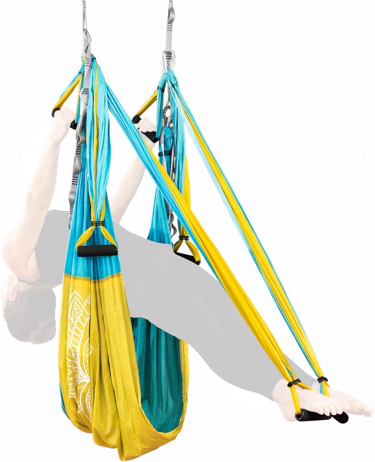 Adult Yoga Swing Kit - Hanging Aerial Yoga Equipment System for Body Inversion, Flexibility and Exercise - Parachute Fabric Hammock Sling with Rubber Grip Handles & Carabiners - Hammock Strap