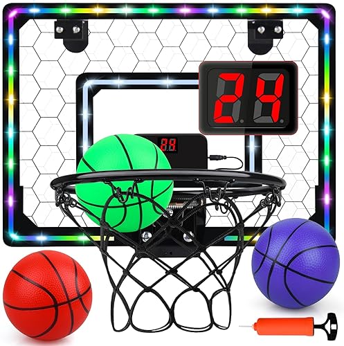Miniatura 7 de Aro de baloncesto para interiores para niños, mini aro de baloncesto con luz LED con 3 bolas y marcador electrónico, aro de baloncesto sobre la