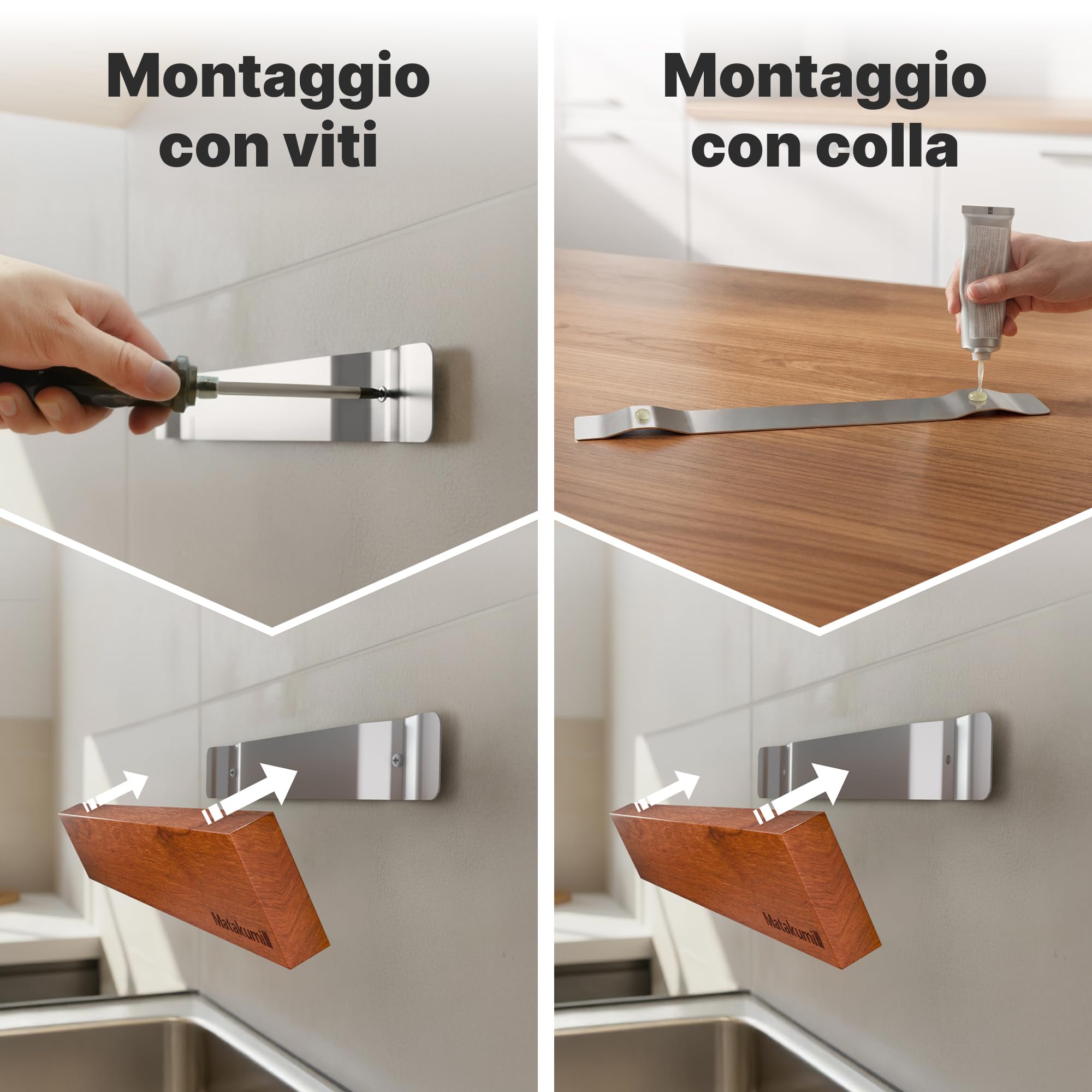 Matakumi Barra magnetica con coltello, 40 x 6 cm, in legno di acacia, magnetica, autoadesiva o viti, salvaspazio, supporto magnetico a parete