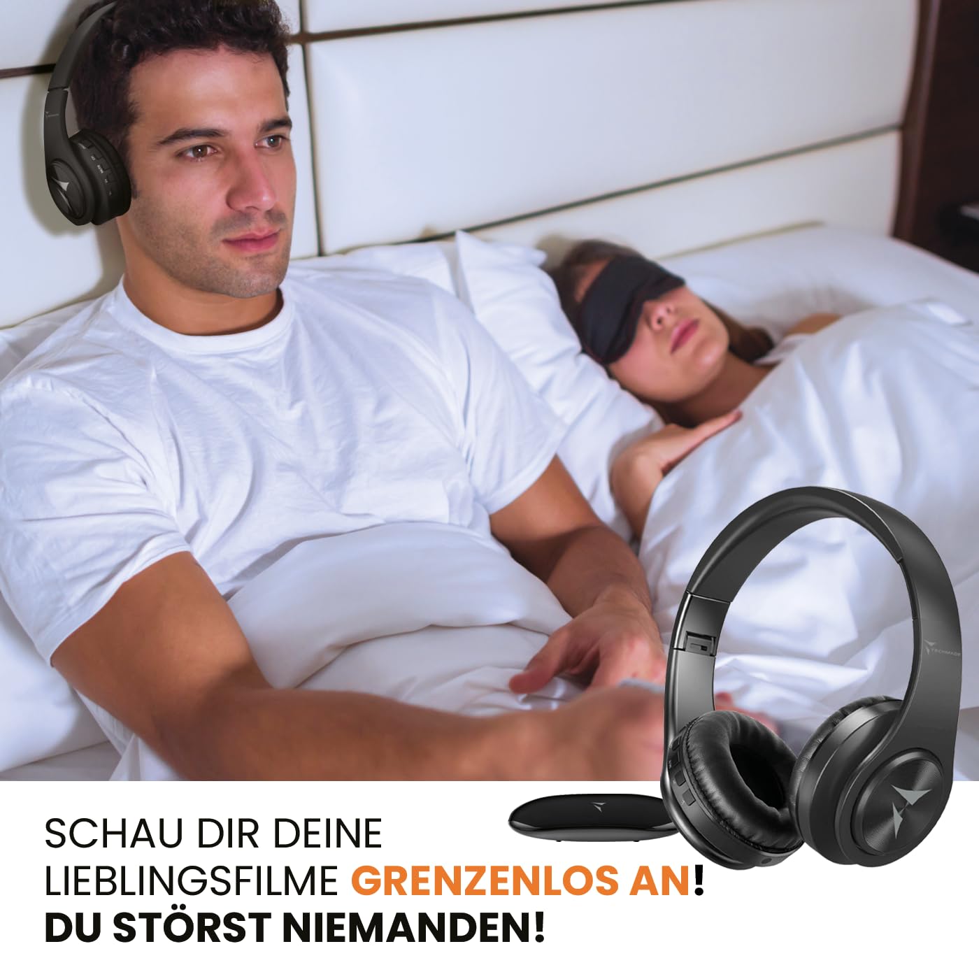 Kabellose TV-Kopfhörer, kabellose Kopfhörer zum Fernsehen mit Sender, integrierter wiederaufladbarer Akku, unterstützt Stereo-, AUX- und Cinch-Eingang, hohe Lautstärke für ältere Menschen