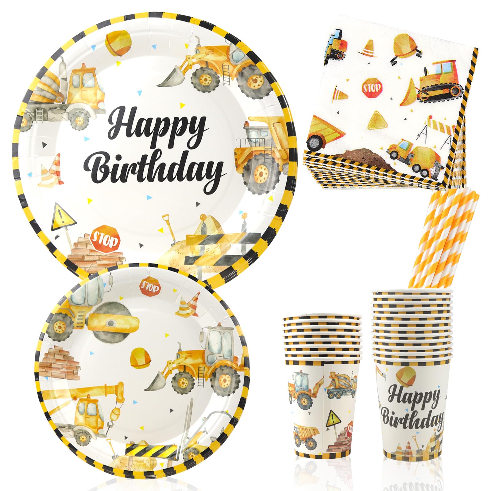 Bouwplaats feestservies, verjaardagsdecoratie, graafmachine