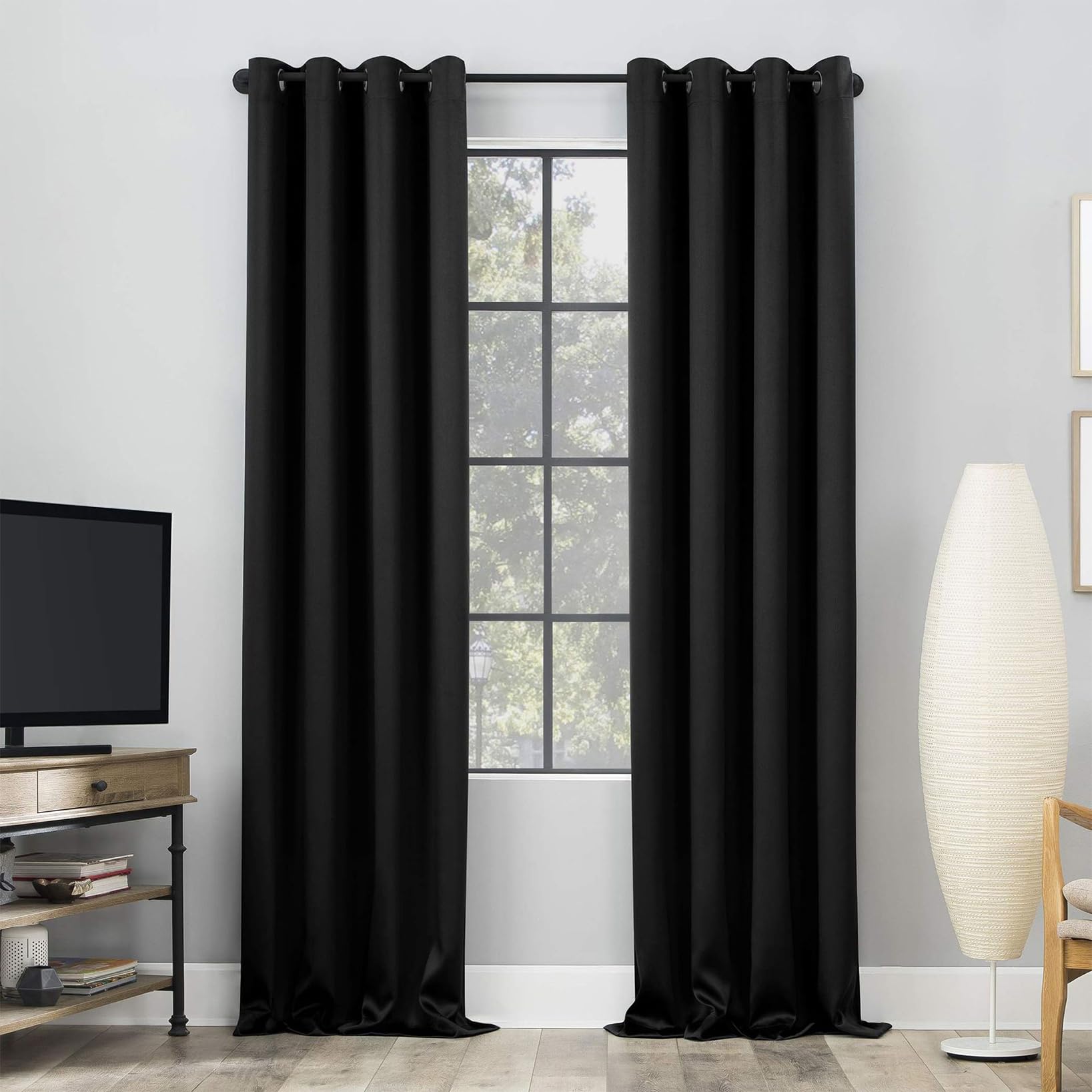 LCAIHONG Blackout Curtains 240 x 245 cm Thermal Energy Saving, Pencil Pleat Eyelet Curtains & Drapes Eyelet Ring Top Including for Window Living Room Kitchen, Black