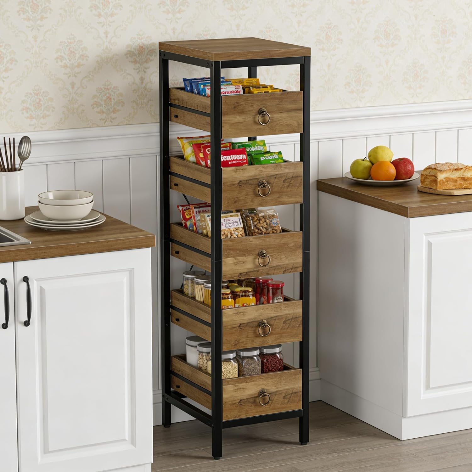 Bibliotheque Meuble de Rangement en bois,Étagère de Rangement Cuisine avec 5 tiroirs,Organisateur de Rangement en Cadre métallique pour cuisine,salon,salle de bain,Bureau(114X40X30cm,Naturel)
