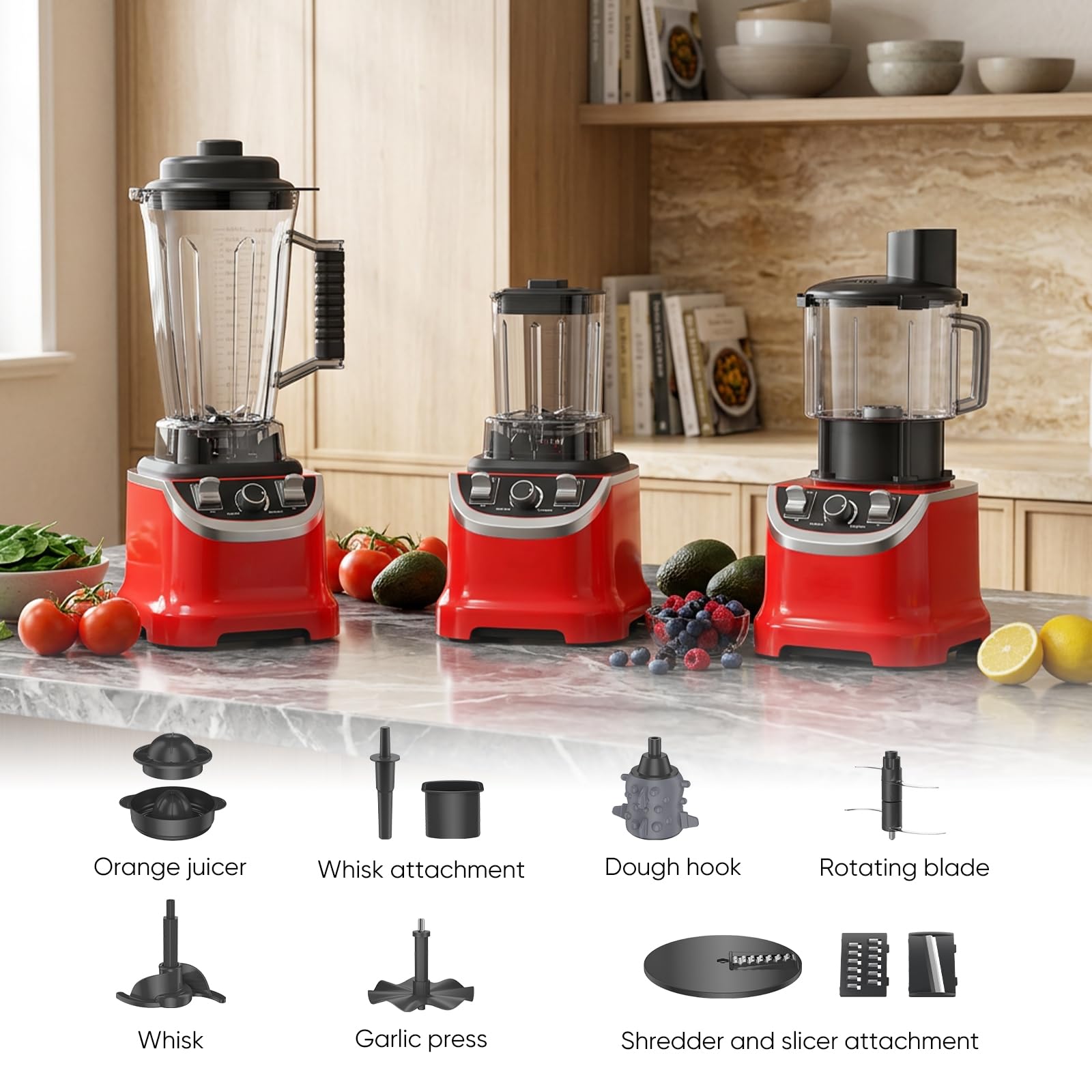 Batidora licuadora de 9500 W 3L, 32000 RPM, 8 en 1 batidora multipropósito con cuencos para jugo, picar, moler, amasar, rallar - acero inoxidable
