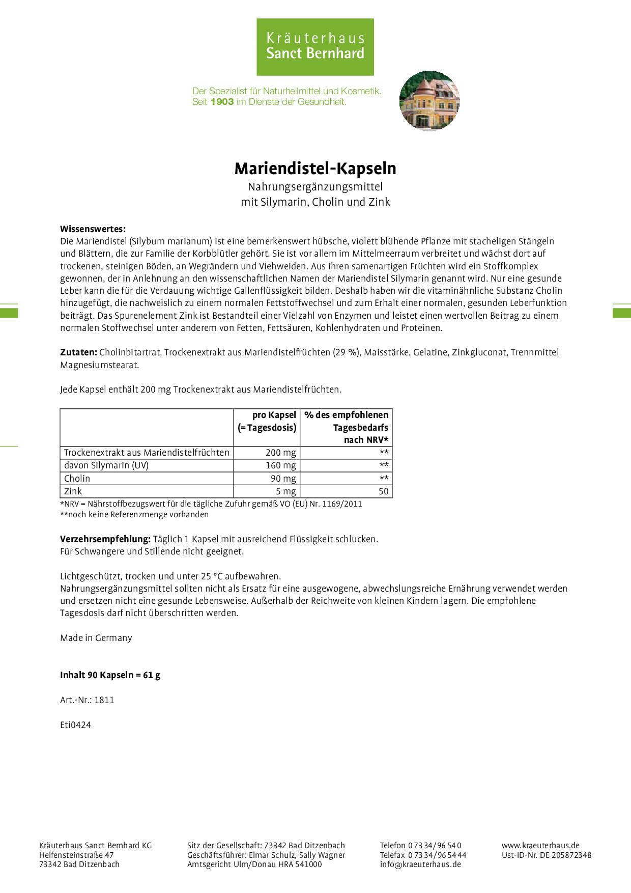 Sanct Bernhard Mariendistel-Kapseln mit 200 mg Mariendistel-Trockenextrakt, mit Cholin & Zink - 3 x 90 Kapseln für 9 Monate