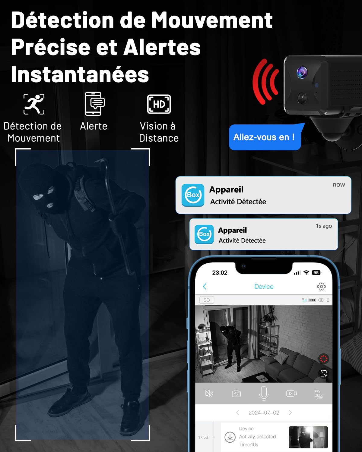 UCOCARE Camera de Surveillance sans Internet, Camera 4G Carte SIM | 2K HD Portable, Accès à Distance, Angle 160°, Batterie 5200mAh, Détection Mouvement AI, Alerte, Vision Nocturne