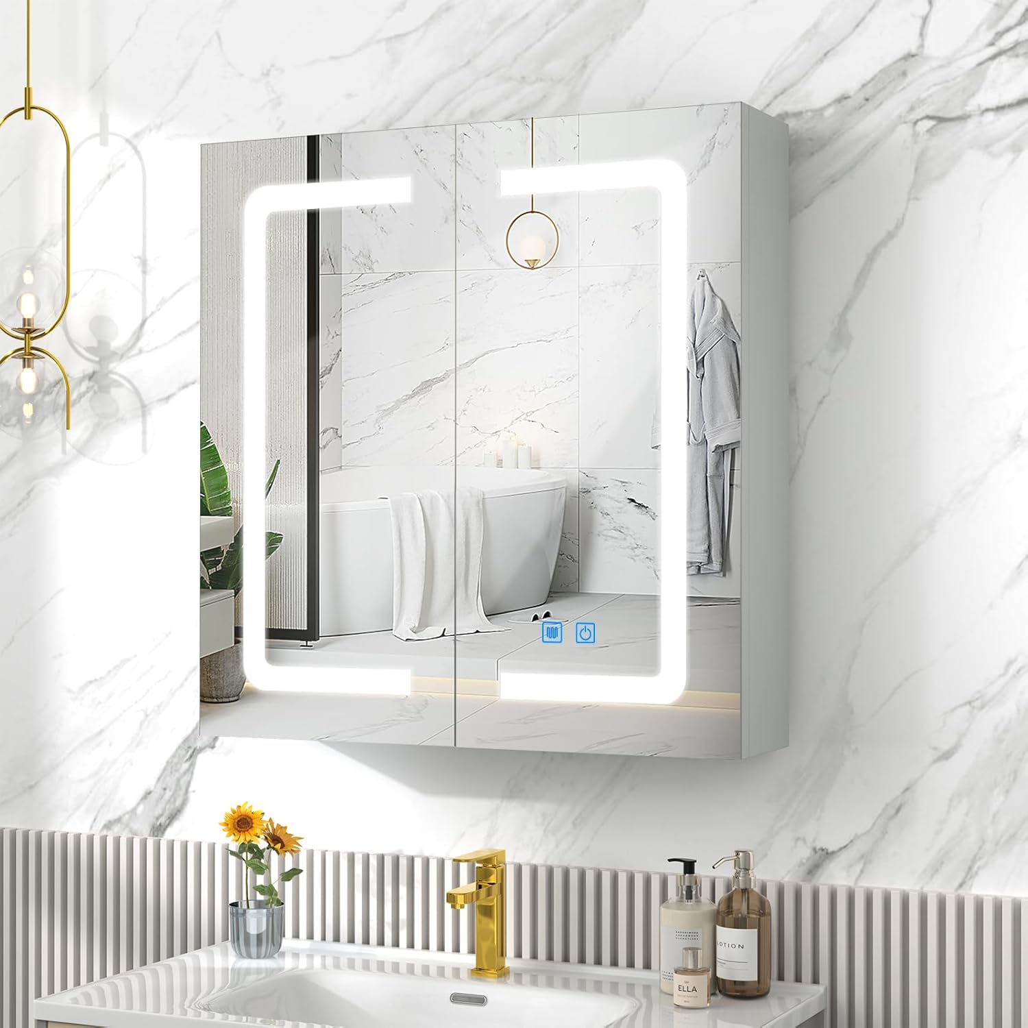 LALAHOO Medicine Cabinet Mirror, Bathroom Medicine Cabinet with Lights, Lighted Medicine Cabinets with Mirror,Wall Mounted,Defog, Stepless Dimming,3-Color Temper Change,Shelves,23.6” x 24.5”