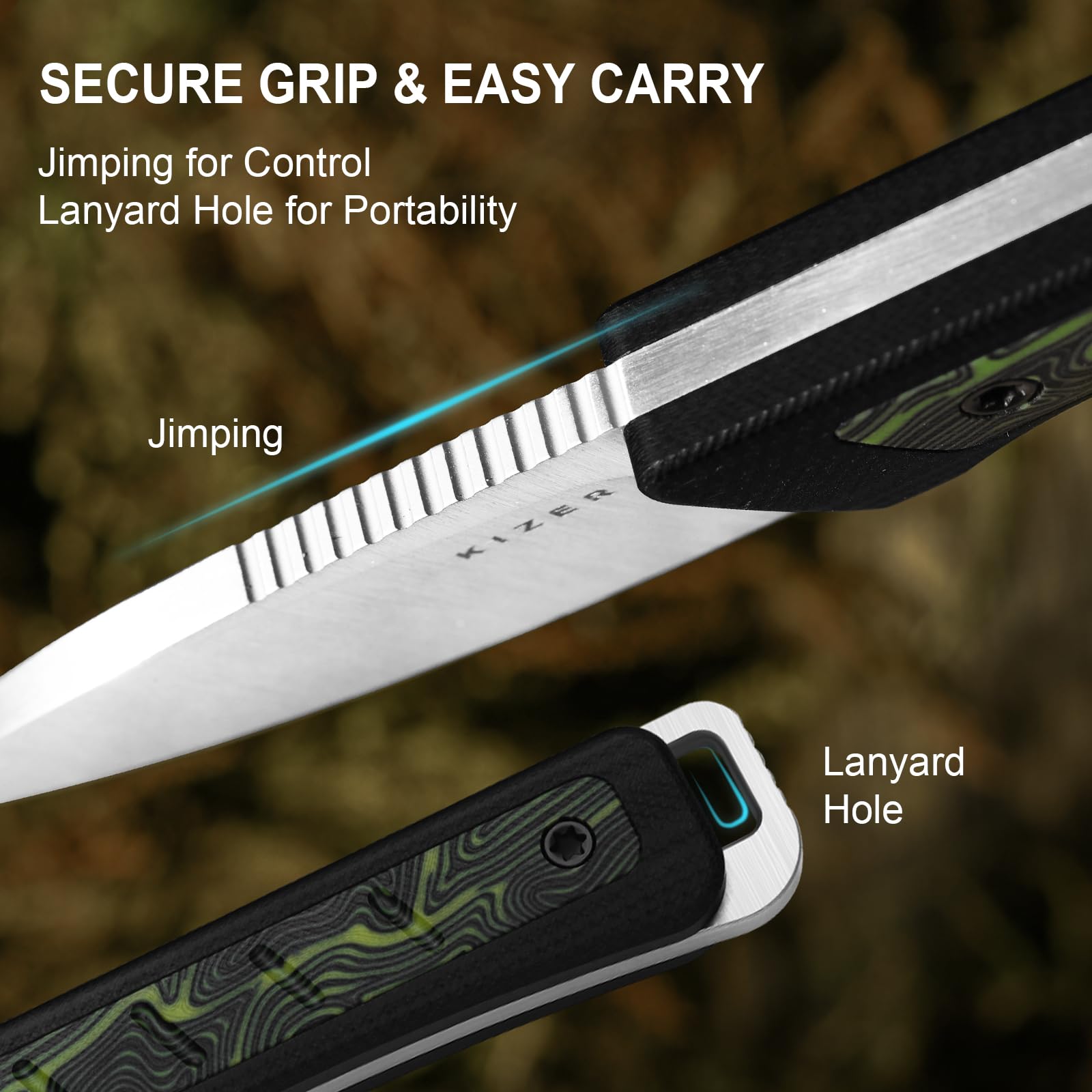 Kizer Whiskey Jack Überlebensmesser mit Kydex Scheide, 5,22 cm Drop-Point AEB-L Klinge Messer mit Schwarzer & Grüner G10- und Damaszener-G10 Griff, EDC Messer für Camping 1108A3