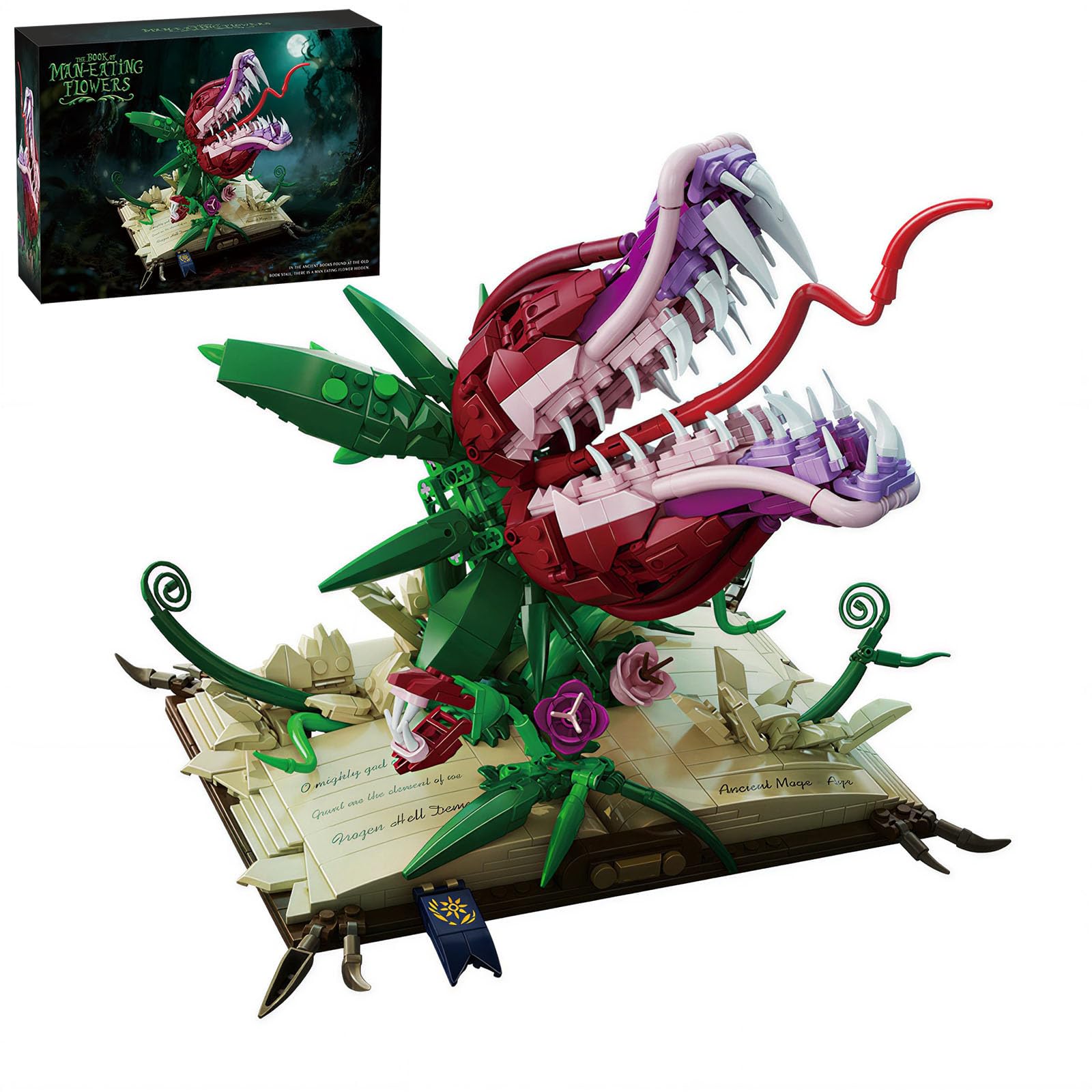 LQPFBSM Ancient Magic Book & Cannibal Flower Building Set Fantasy Monster Plant Model Kit for Adults Articulated Venus Flytrap on Spellbook Gothic Home Decor Gift — image 1
