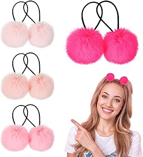 8 Pcs Fluffy Elastic Ball Hair Accessories - Pom Pom Scrunchies in 4 Colors (Pink Series) for Girls, Toddlers and Christmas