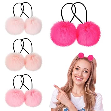 8 Pcs Fluffy Elastic Ball Hair Accessories - Pom Pom Scrunchies in 4 Colors Pink Series for Girls, Toddlers and Christmas