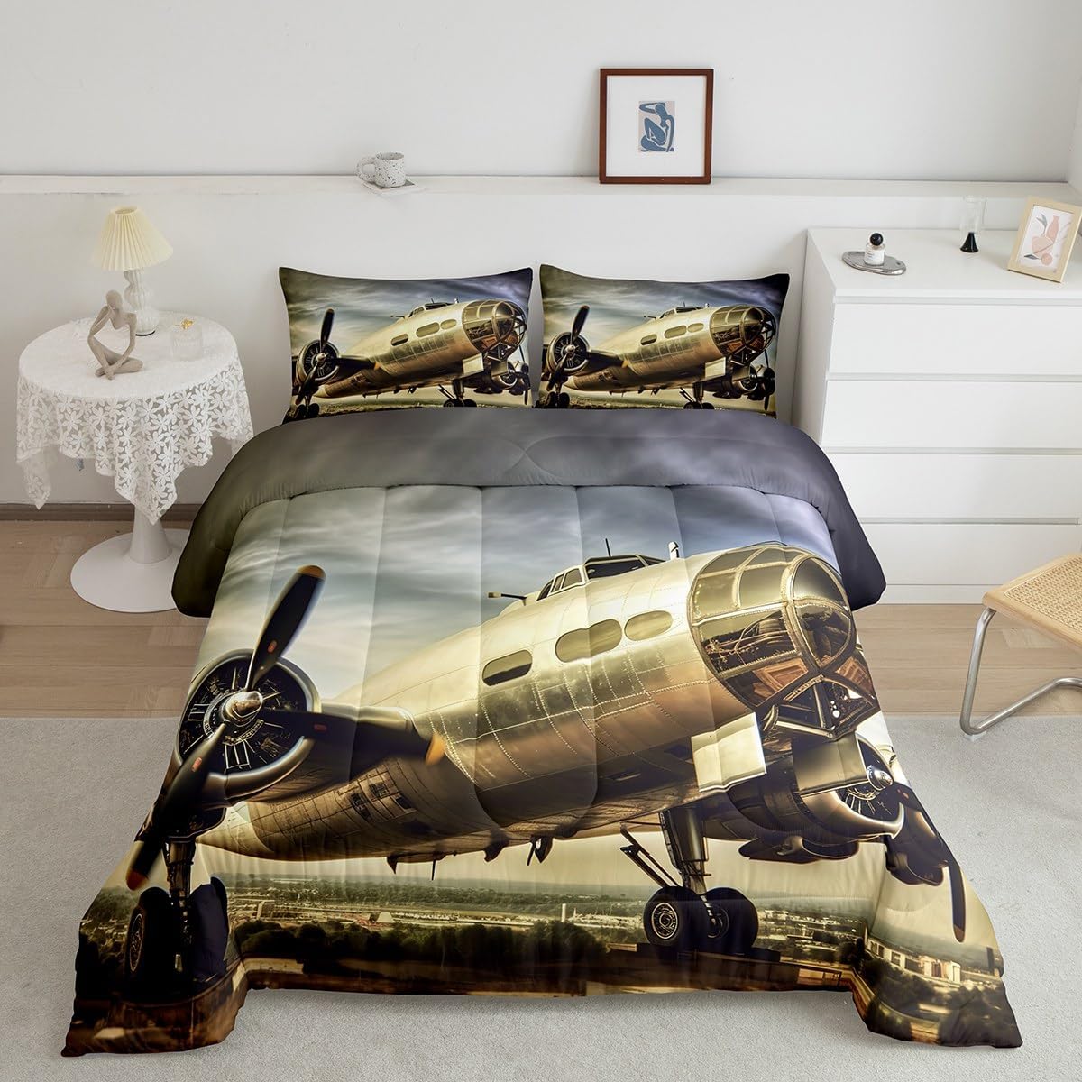 Military Airplane Comforter Set for Soldiers Boys Girls Aircraft Print Bedding, Retro Vintage Warship Bedding Comforter Sets Fighter Plane Air force Theme Duvet Insert Twin with 1 Pillowcase