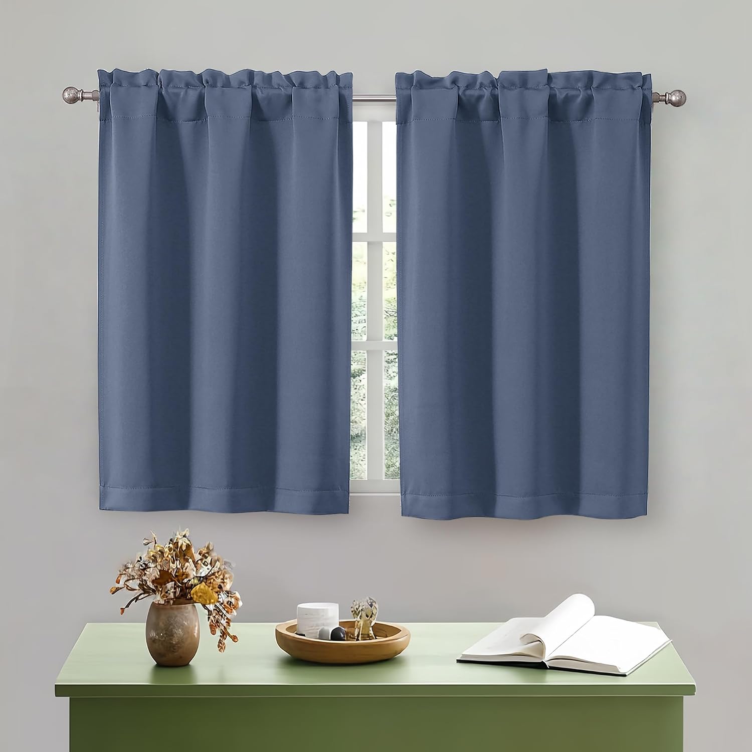 OWENIE Denim Blue Kitchen Curtains 36 Inch Length, Short Blackout Small Thermal Insulated Curtains Tier Over Sink Rod Pocket Half Window for Bathroom Bedroom Camper RV Bunk, 2 Panels, Each 30" Wx36 L