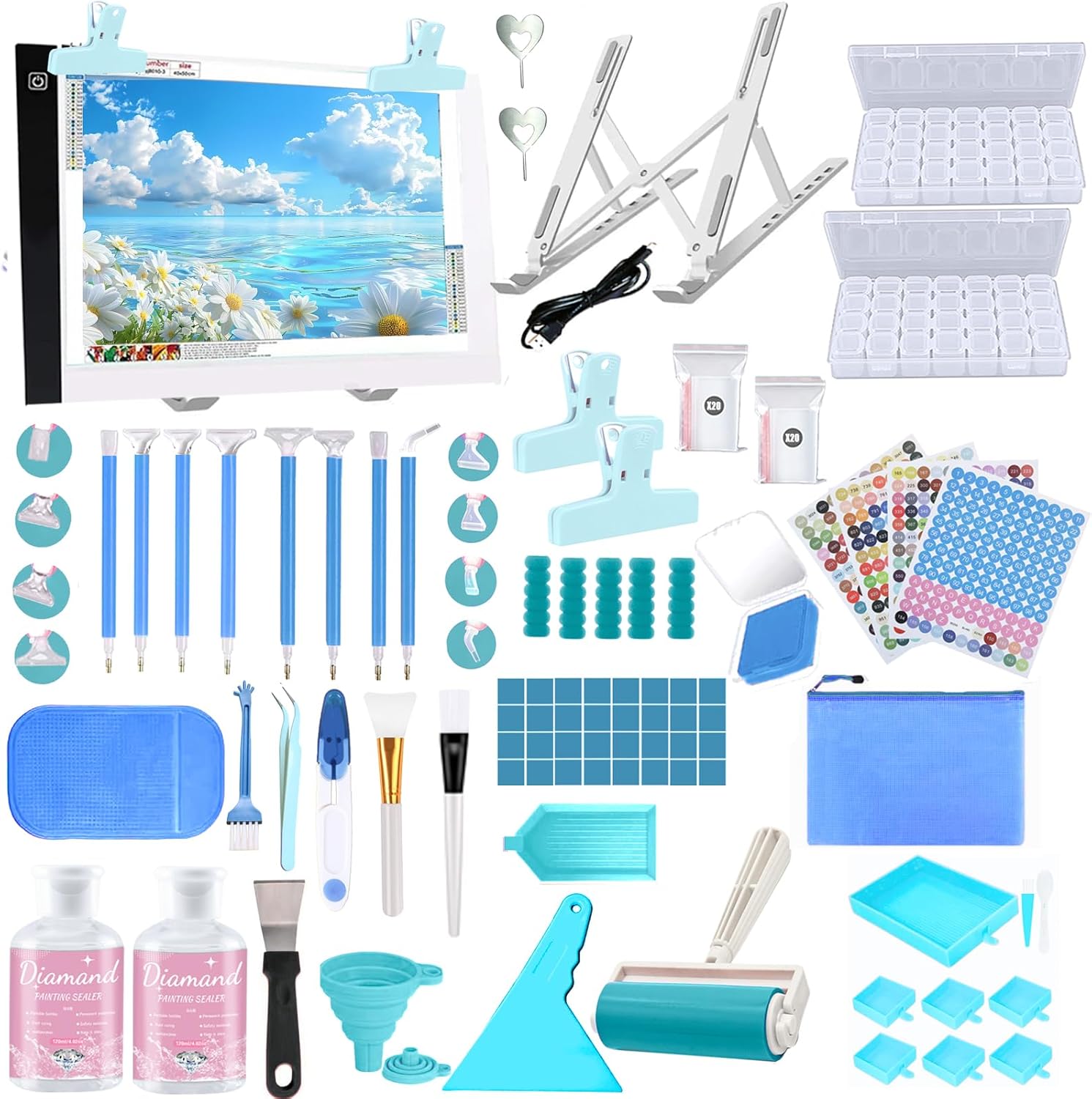 DNSGOOR 186Pcs All Inclusive Diamond Art Accessories Kit Diamond Painting A4 LED Light Pad Set with Diamond Art Sealer Glue Stand Storage Case Pens 5D Painting Tools for DIY Drill Craft