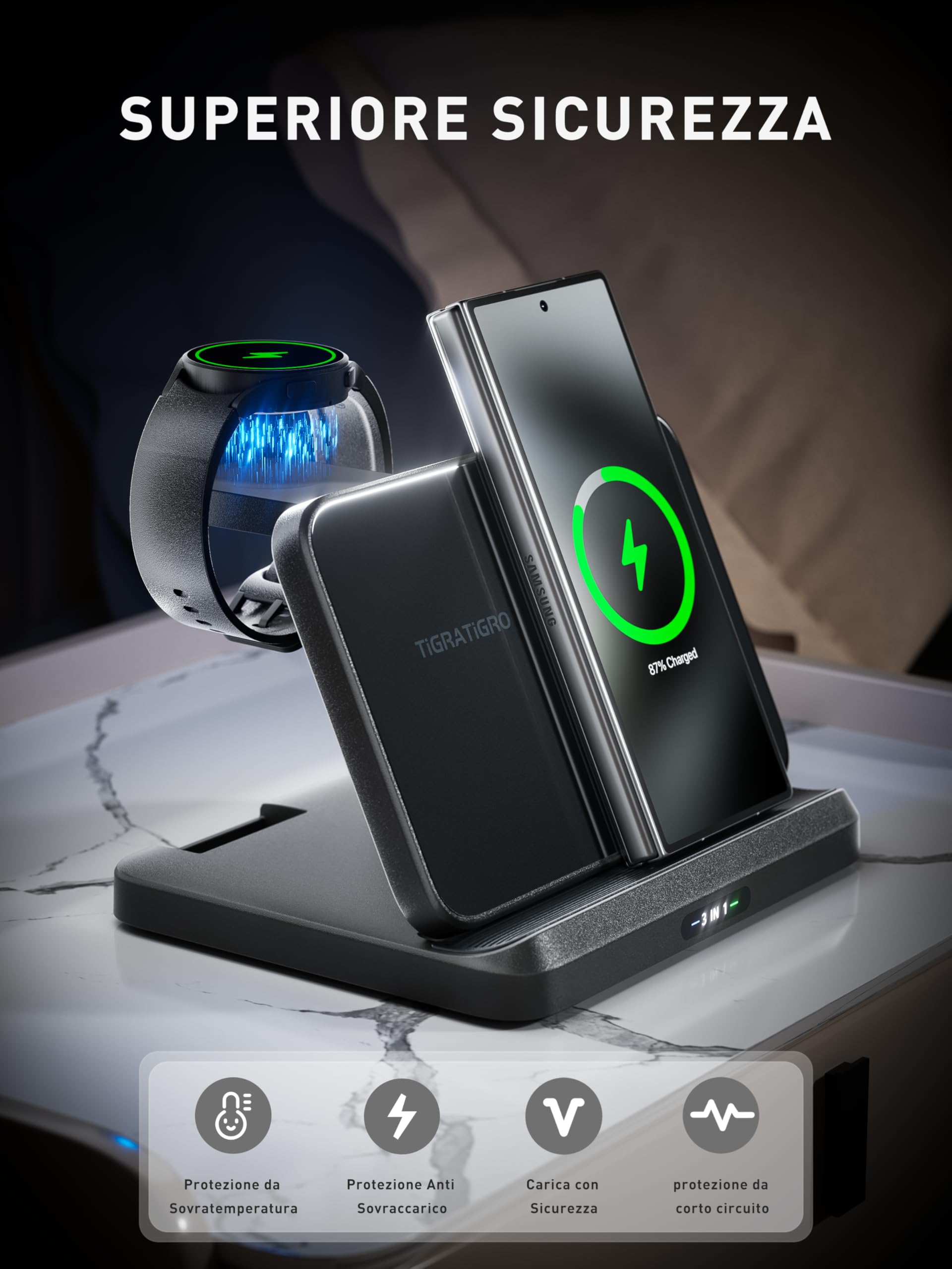 Tigratigro Caricabatterie Wireless 3 in 1 per Samsung, Stazione di Ricarica Wireless Veloce Pieghevole per Samsung Galaxy S26/S25/S24/23/22/21 Note 20/10/9 Z Flip/Fold, Watch Galaxy Buds (Nero, W820)