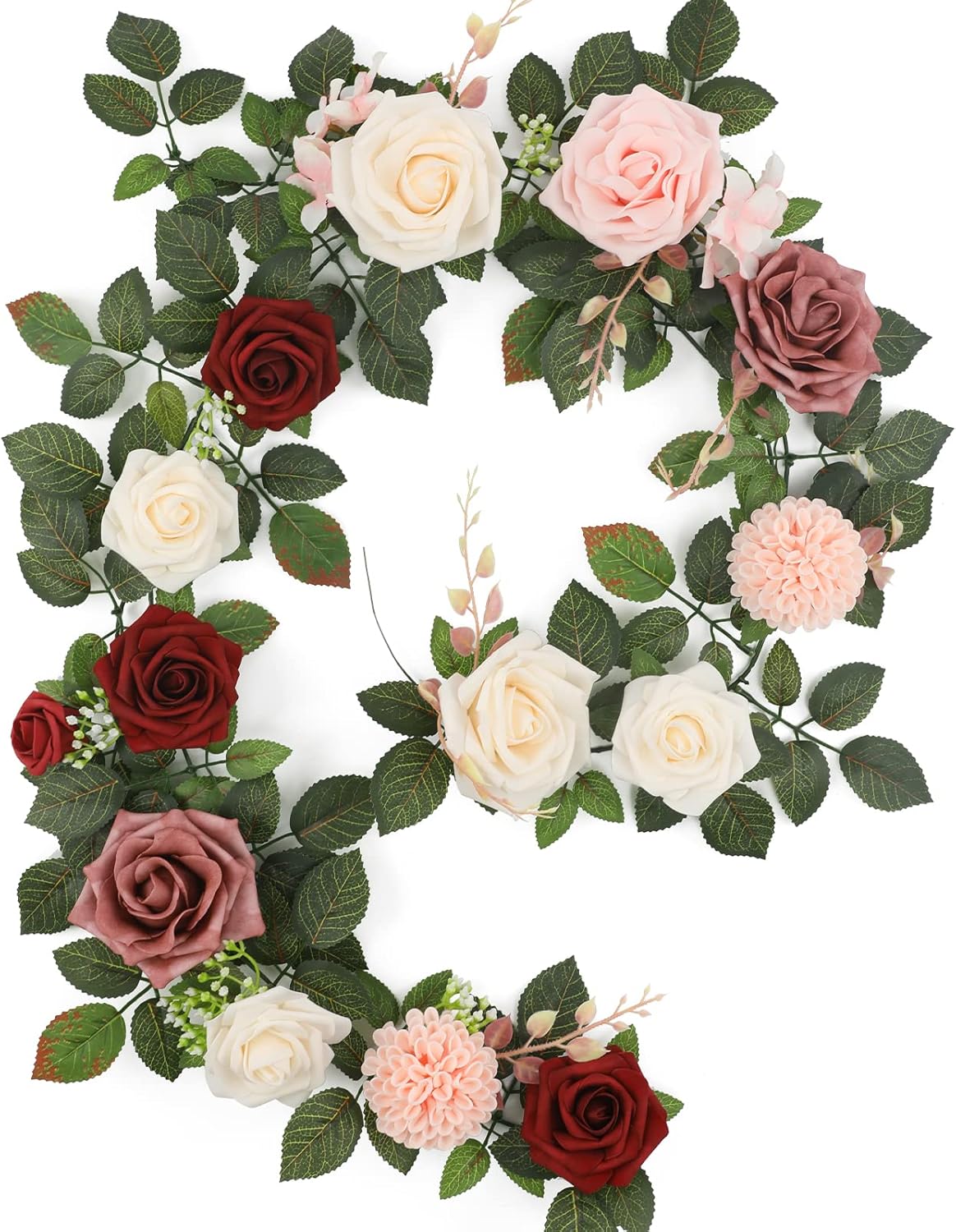 Senseya 5FT Artificial Rose Flower Garland - Burgundy Fake Floral Vine with Rose Leaves, Runner Rustic Flower Garland for Wedding Arch Backdrop, Table Runner Centerpieces, Party Home Mantel Decor