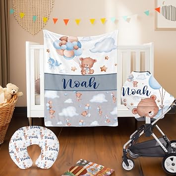 Custom Crib Bedding Set for Newborn 3 Pieces Personalized Name Crib Bedding Set Including Blanket Pillowcase and Baby Car Seat Cover, Personalized Baby Gift Bear Crib Sets for Boys