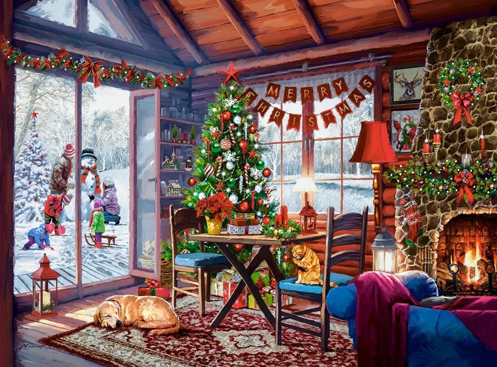CASTORLAND 2000 Piece Jigsaw Puzzles, Christmas Cottage, Fireplace with Stockings Hung, Decorated Tree, Adult Puzzle, C-200962-2