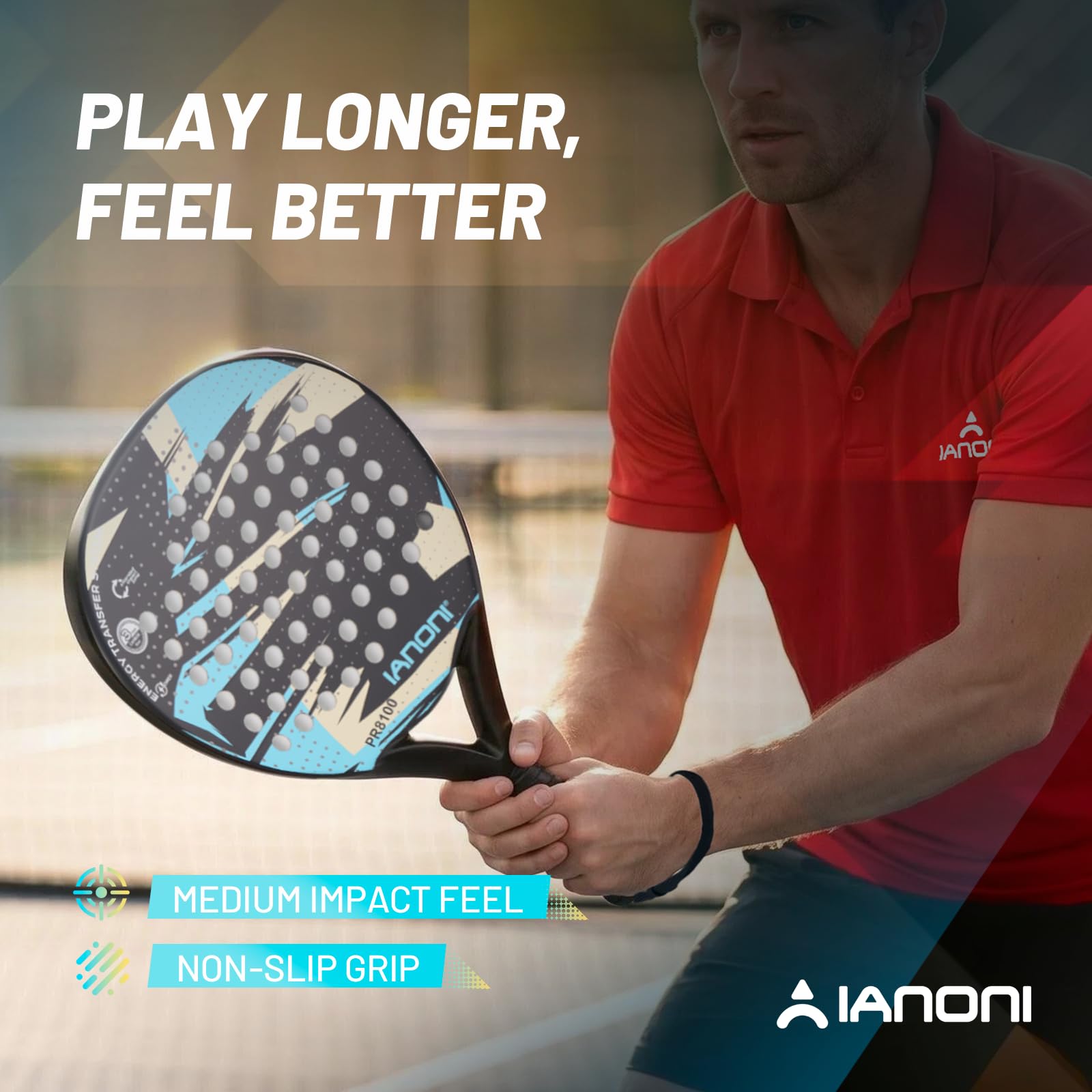 ianoni Racchetta da padel con superficie in fibra di carbonio con nucleo in schiuma EVA Memory Flex Core POP Padel Racquts-8100-azzurro cielo
