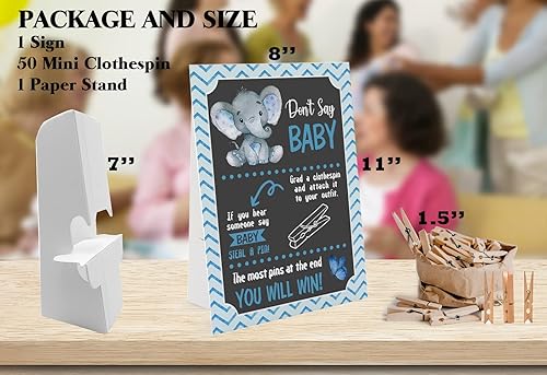 Miniatura 2 de Blue Elephant Don't Say Baby Game - 1 letrero y 50 mini pinzas naturales para la ropa, juego de baby shower de género neutro y decoraciones