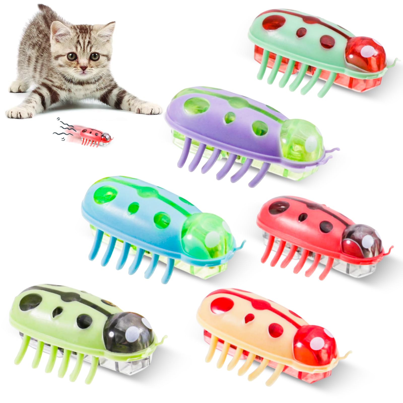 ertlutw 6 Stück Mini Käfer, Elektrische Marienkäferspielzeug Maus Katze Hund Käfer Fluchthindernis automatisches Umdrehen Haustier Lustiges Spielspielzeug für Katzen Kätzchen Training