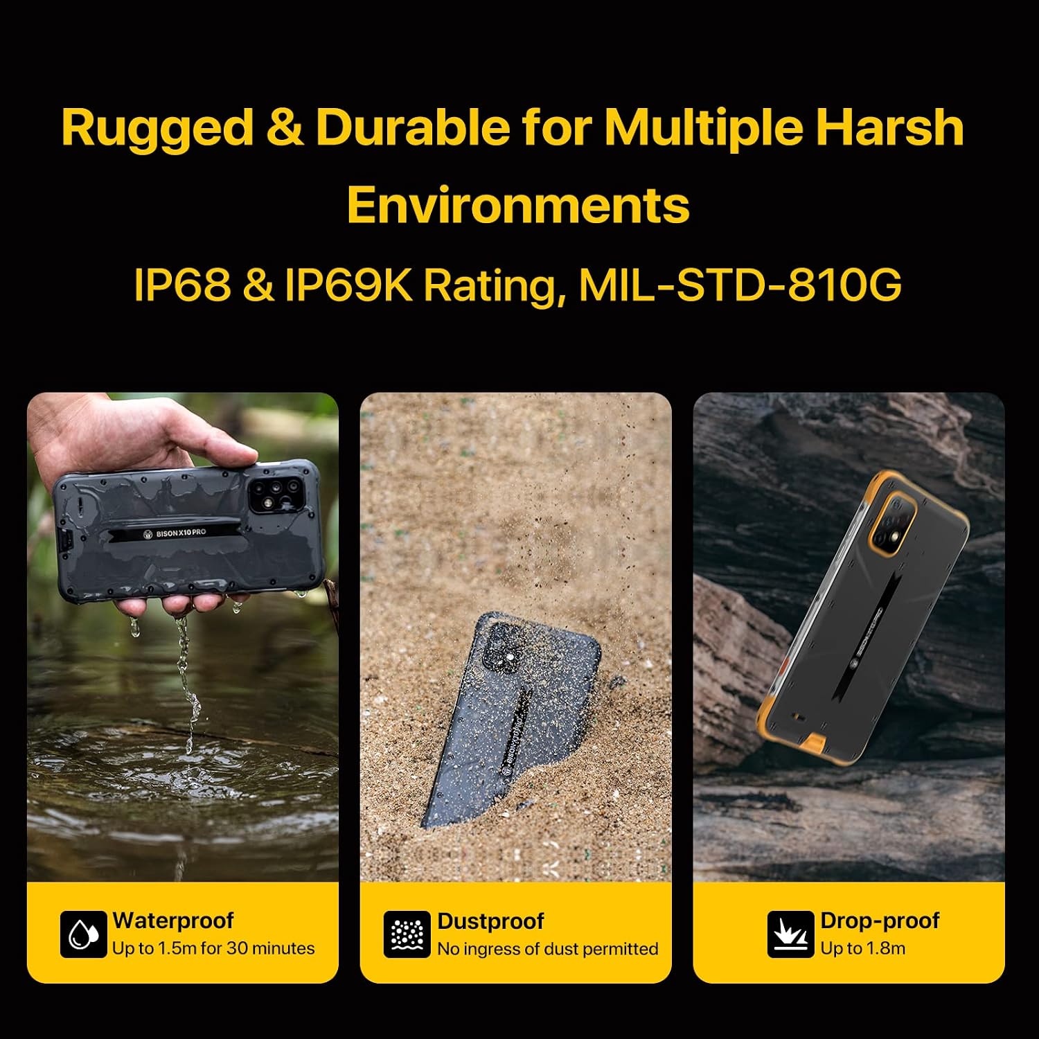 UMIDIGI Bison X10 PRO demonstrating waterproof, dustproof, and drop-proof capabilities.