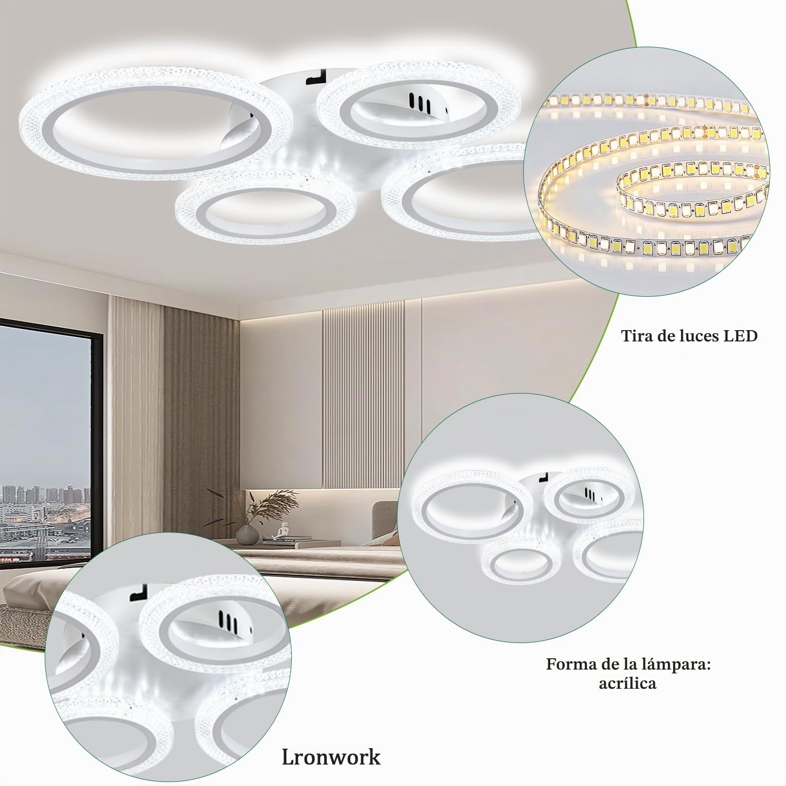Lámpara de Techo Led Inteligente Moderna con Control Remoto y App, 48W Ceiling Lamp Regulable, 3 Temperaturas de Color, Modo Memoria y Timer, Para Dormitorios, Salones y Cocinas, Blanco